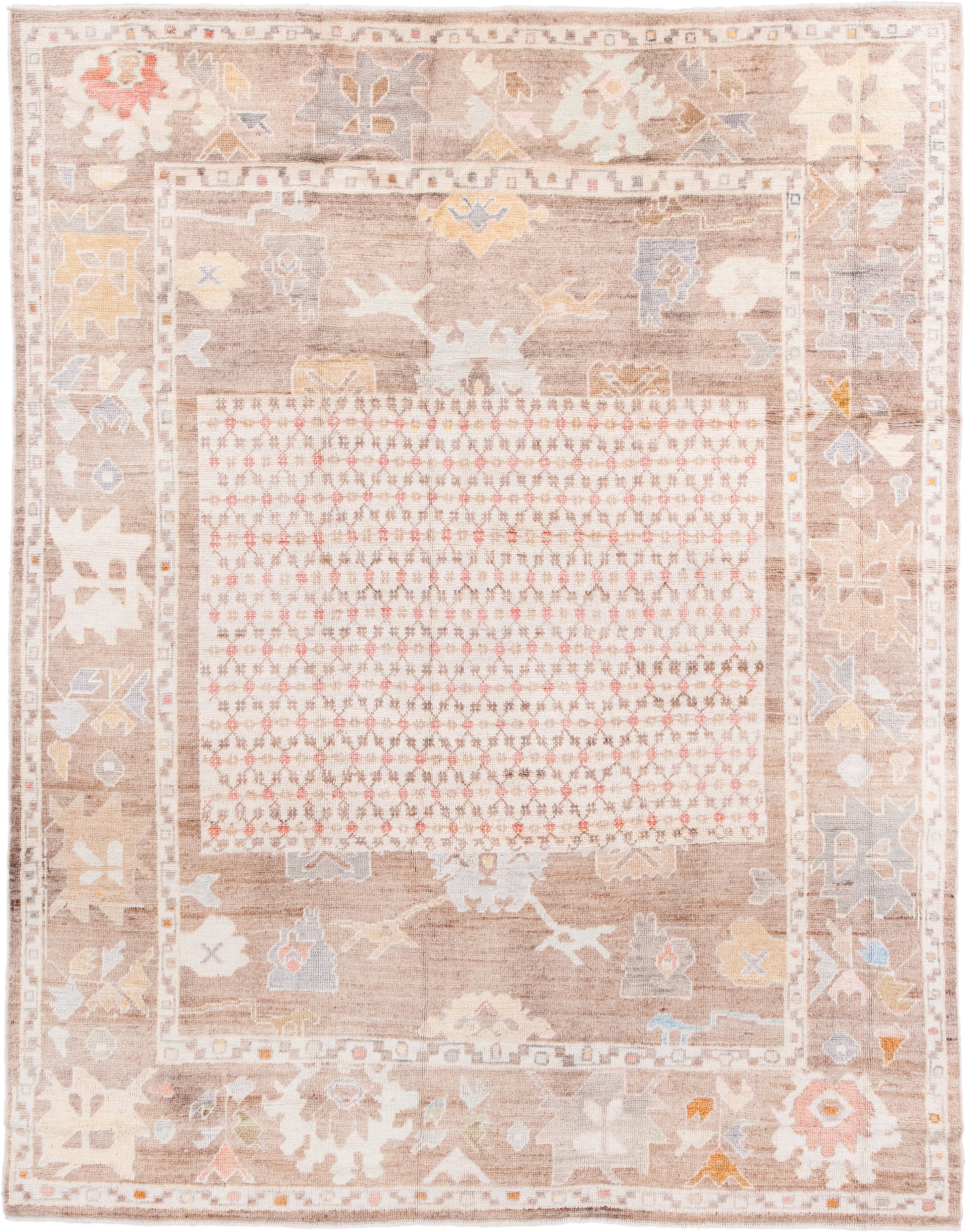 8' x 10' one-of-a-kind handmade vintage Oushak large size rug. Color palette: taupe, ivory, cream, blush, pale gold