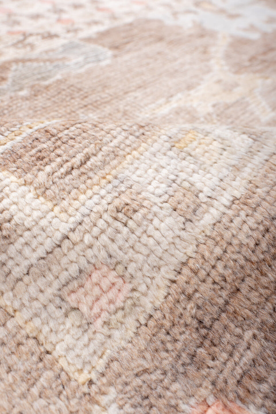 8' x 10' one-of-a-kind handmade vintage Oushak large size rug. Color palette: taupe, ivory, cream, blush, pale gold