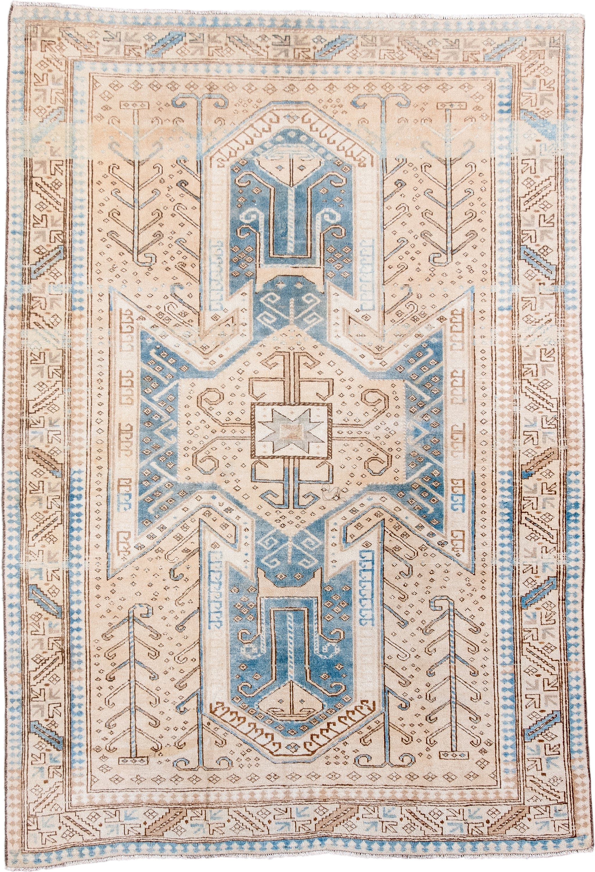 4' x 6' one-of-a-kind handmade vintage Anatolian rug. Color palette: ivory, sky blue, camel, taupe, beige, brown, light blue