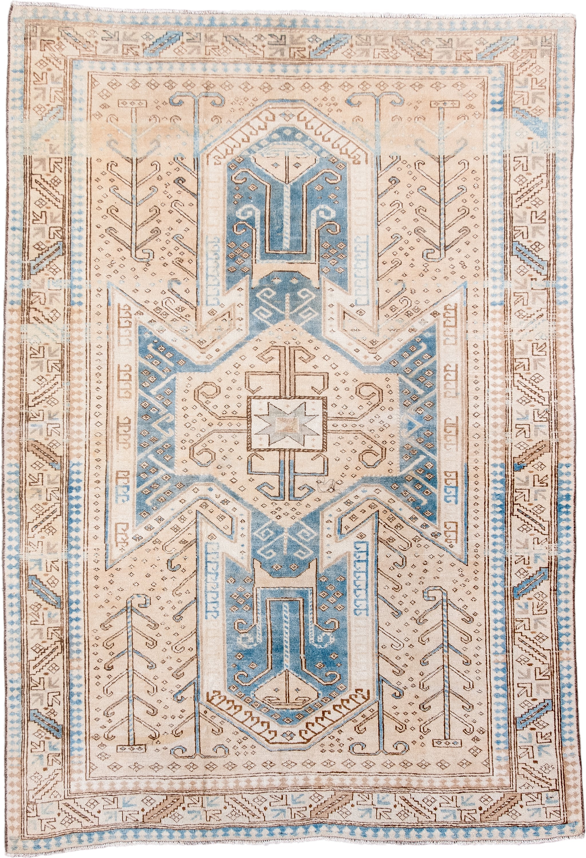4' x 6' one-of-a-kind handmade vintage Anatolian rug. Color palette: ivory, sky blue, camel, taupe, beige, brown, light blue