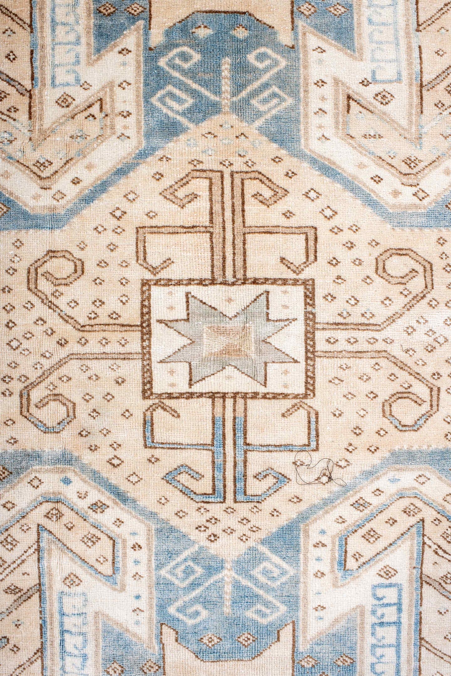 4' x 6' one-of-a-kind handmade vintage Anatolian rug. Color palette: ivory, sky blue, camel, taupe, beige, brown, light blue