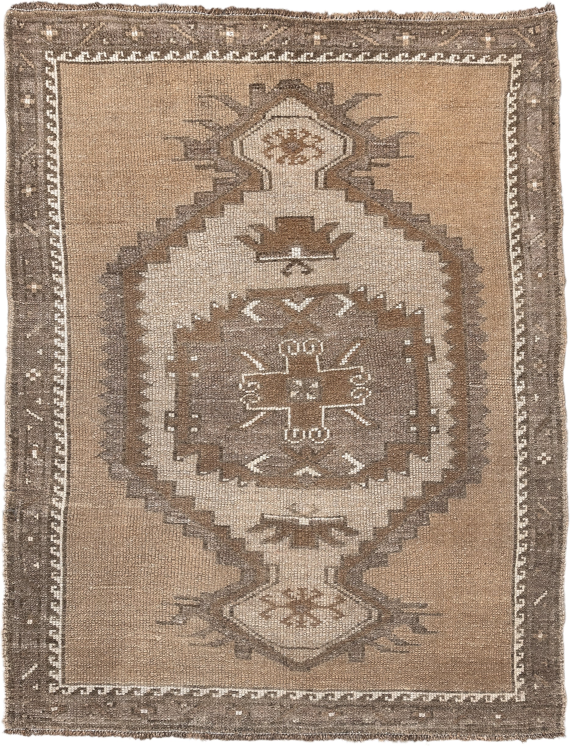 3' x 4' one-of-a-kind handmade antique Kars small size rug. Color palette: taupe, camel, ivory, brown, greige, beige, gray