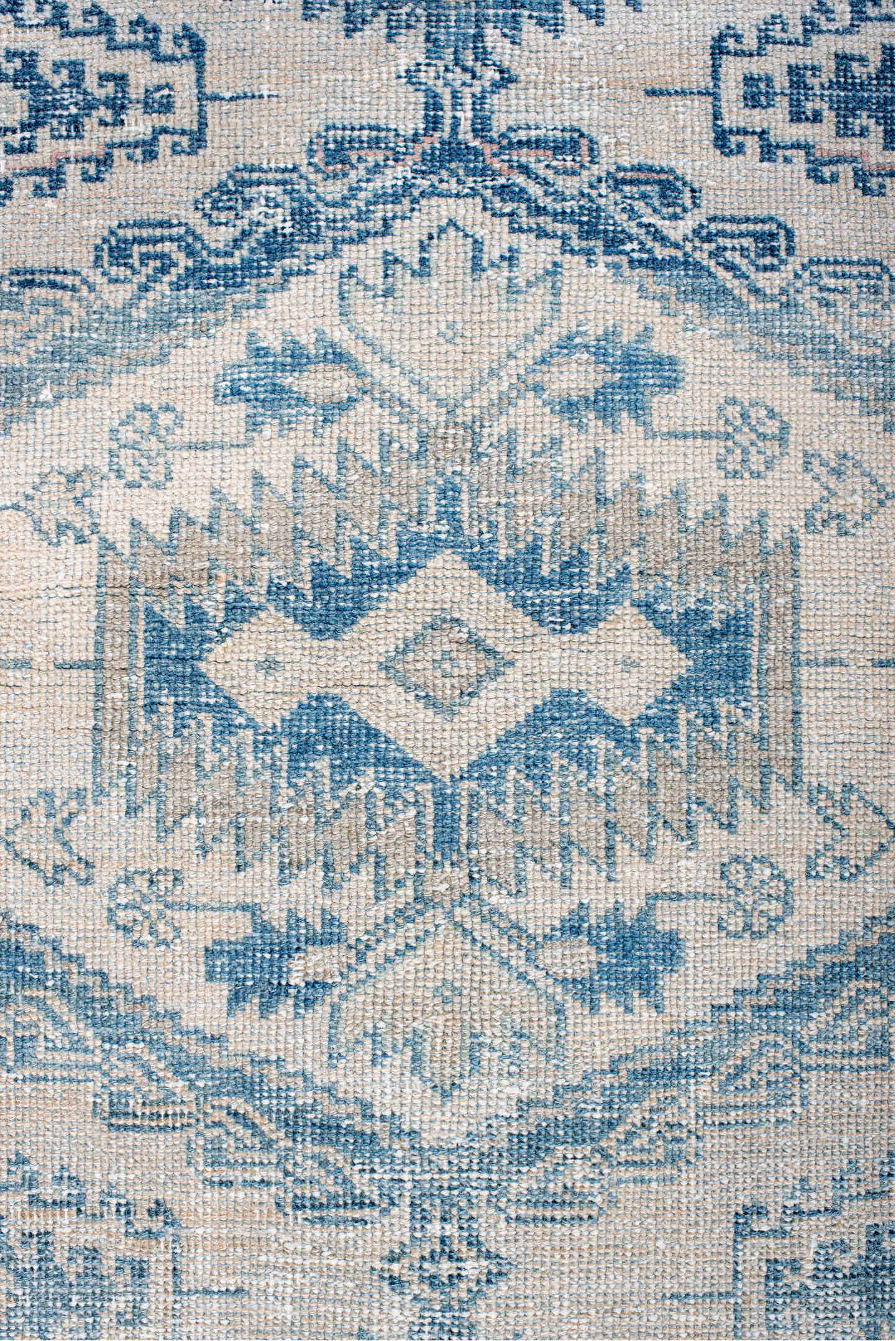 3' x 5' one-of-a-kind handmade vintage Veece small size rug. Color palette: ivory, sky blue, slate blue, navy, cream