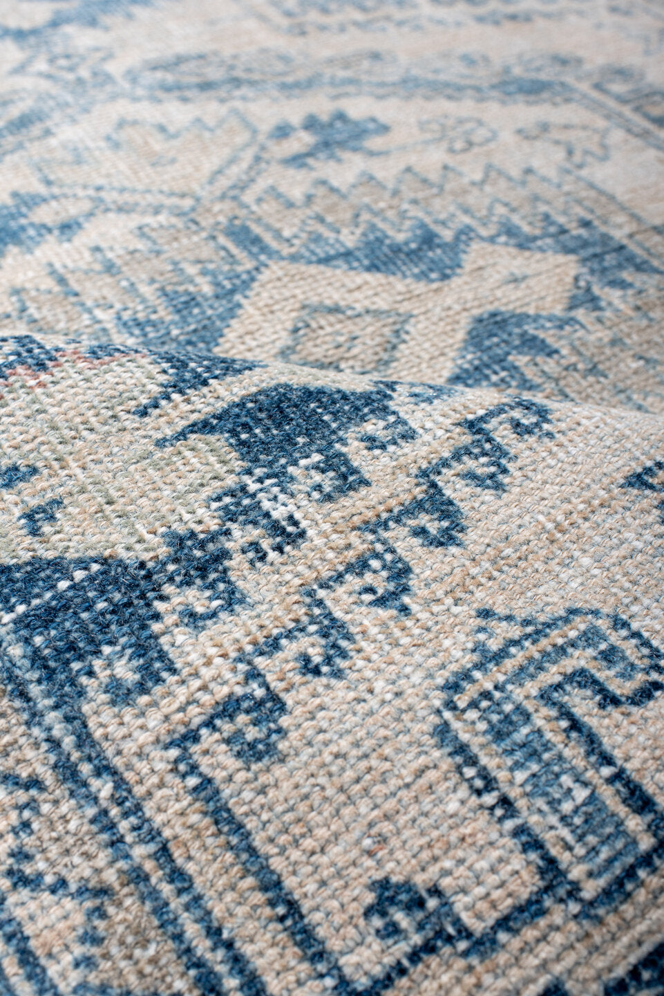 3' x 5' one-of-a-kind handmade vintage Veece small size rug. Color palette: ivory, sky blue, slate blue, navy, cream