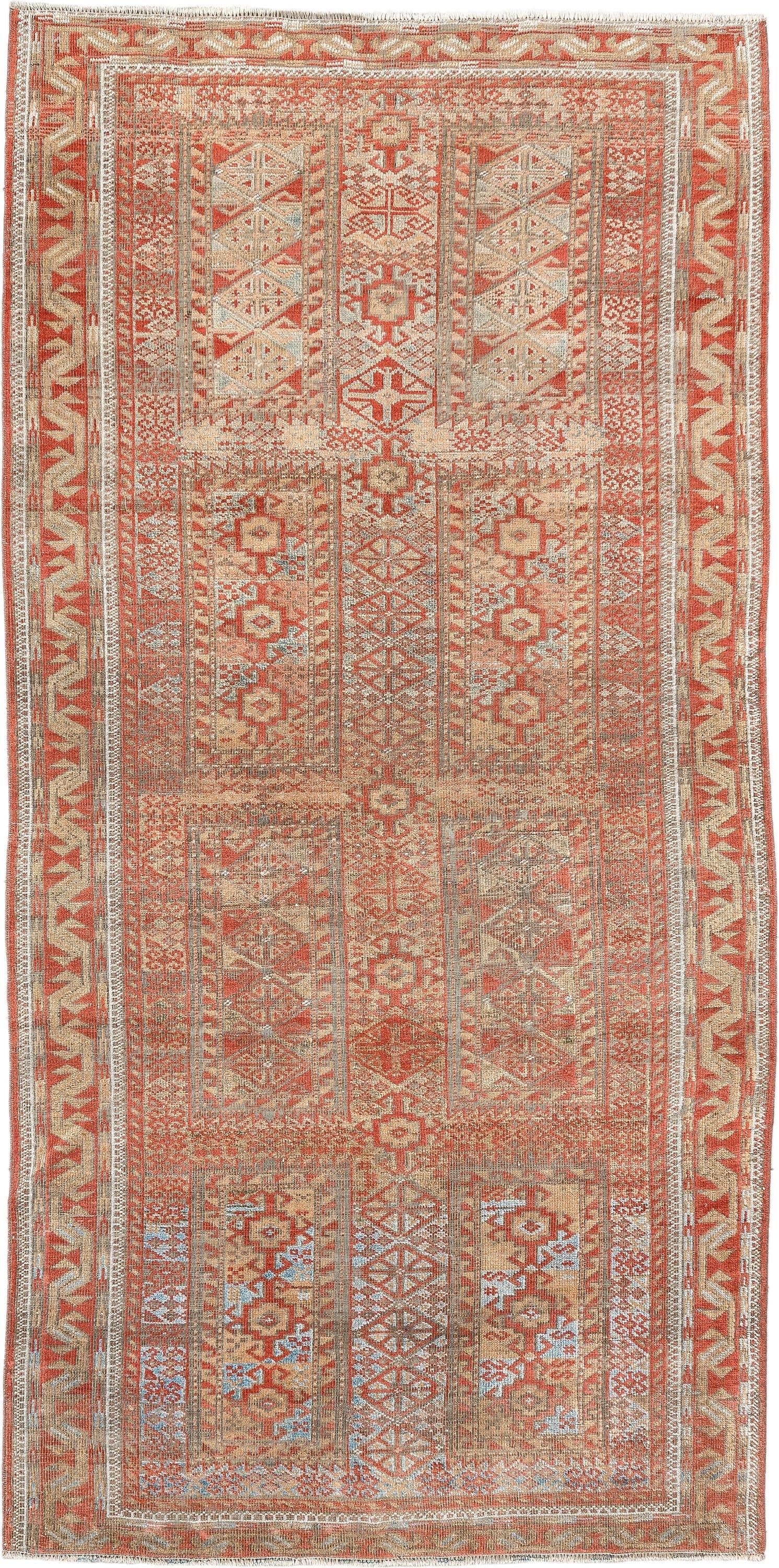 3' x 7' one-of-a-kind handmade antique Belouch rug. Color palette: terracotta, ivory, camel, taupe, rust, pale blue, brown