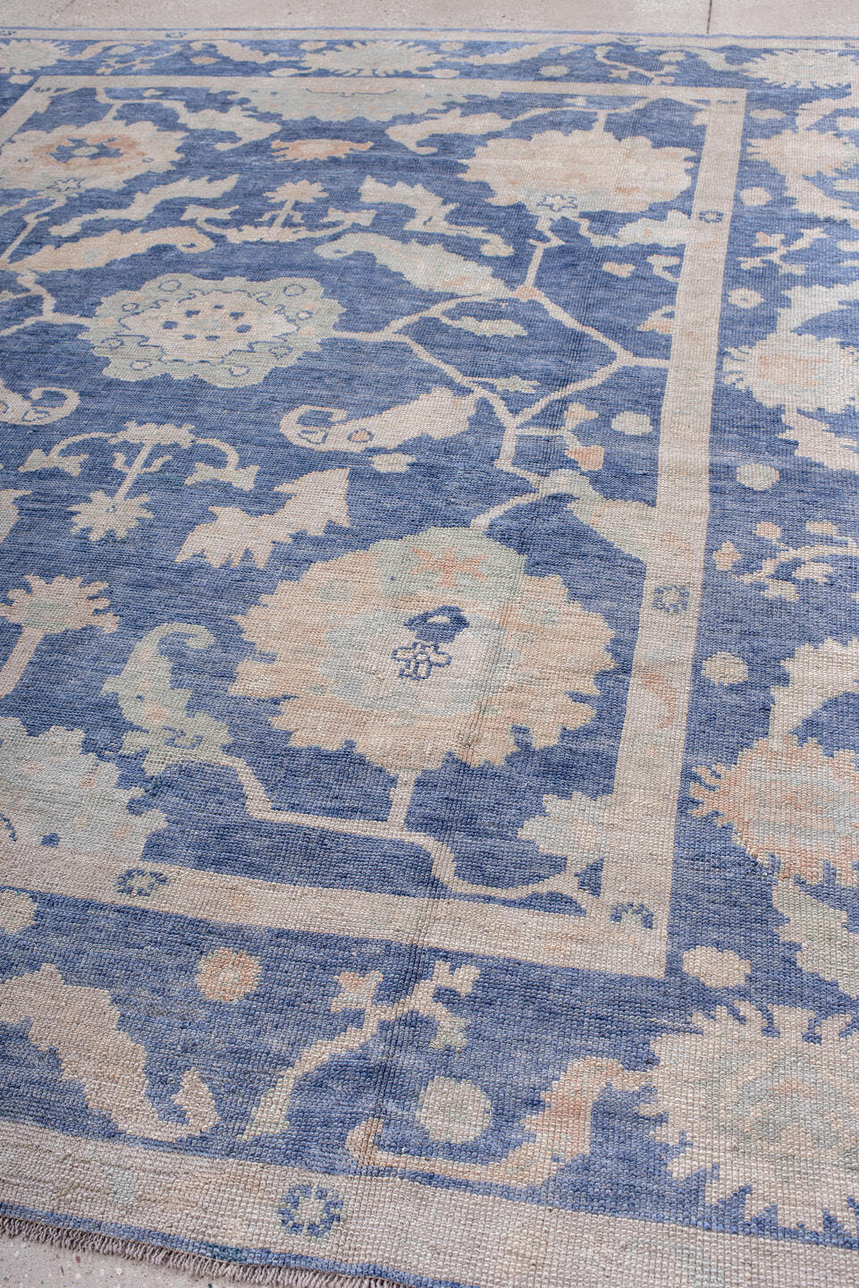 8' x 9' one-of-a-kind handmade vintage Oushak large size rug. Color palette: powder blue, ivory, blush, pale blue