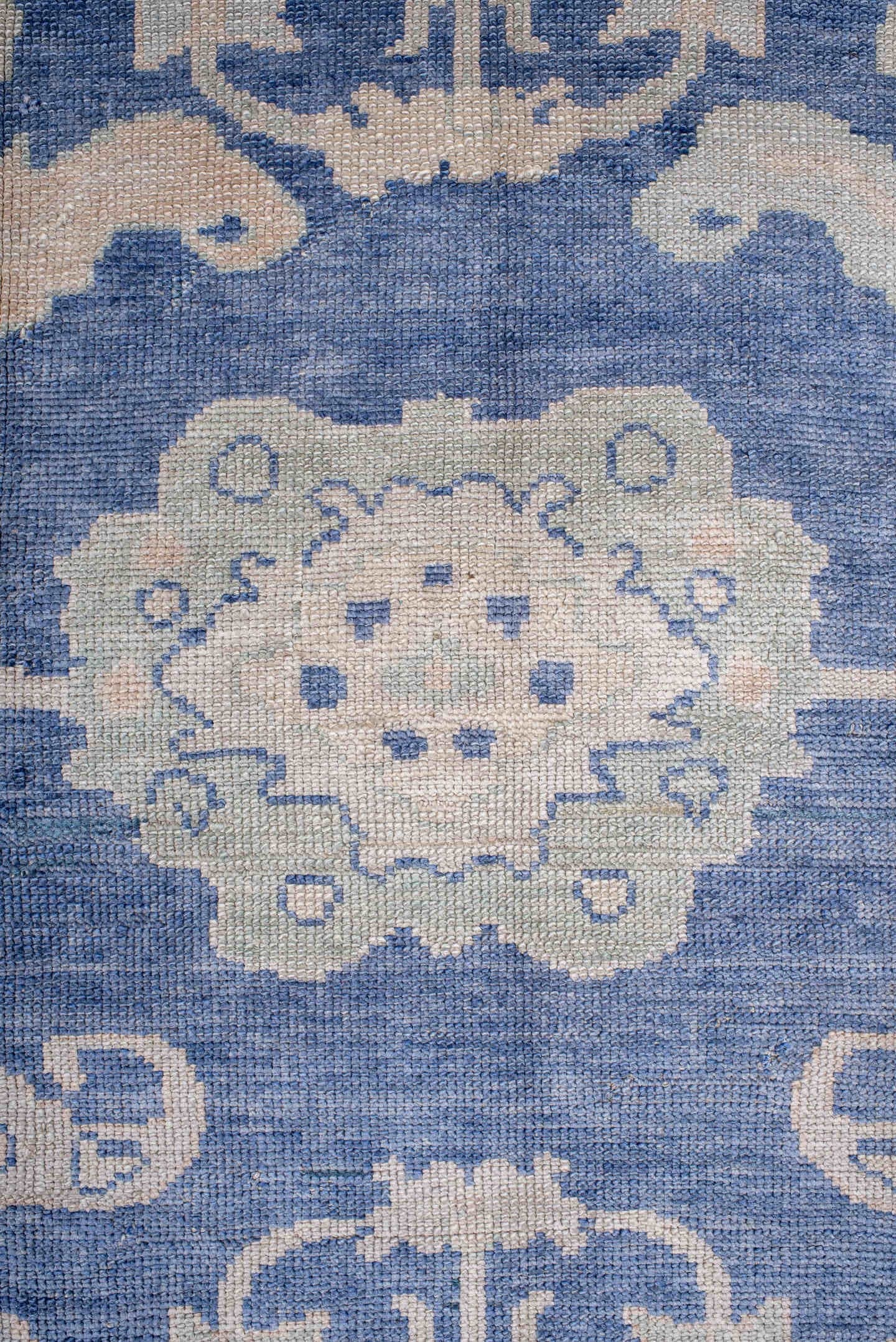 8' x 9' one-of-a-kind handmade vintage Oushak large size rug. Color palette: powder blue, ivory, blush, pale blue