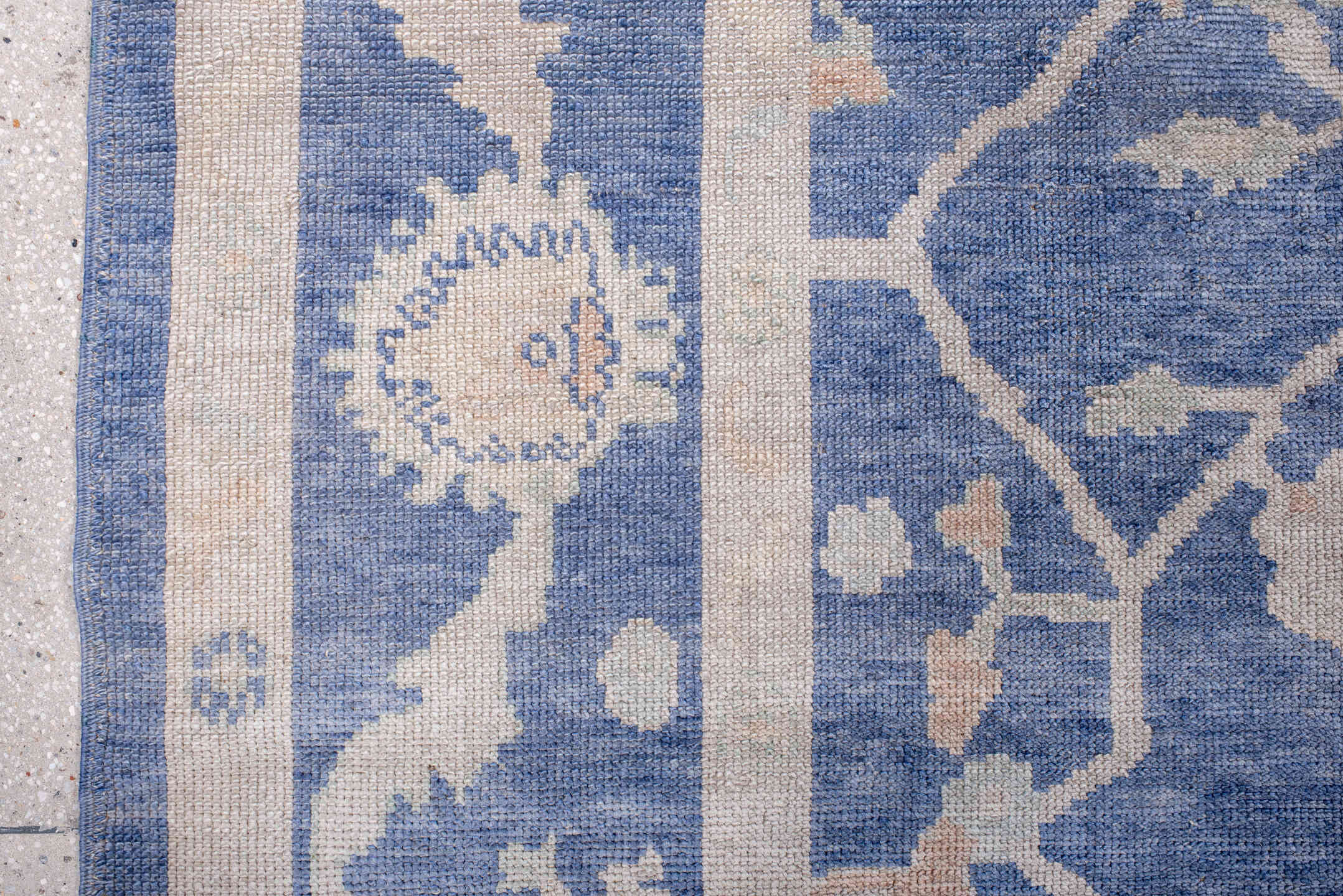 8' x 9' one-of-a-kind handmade vintage Oushak large size rug. Color palette: powder blue, ivory, blush, pale blue