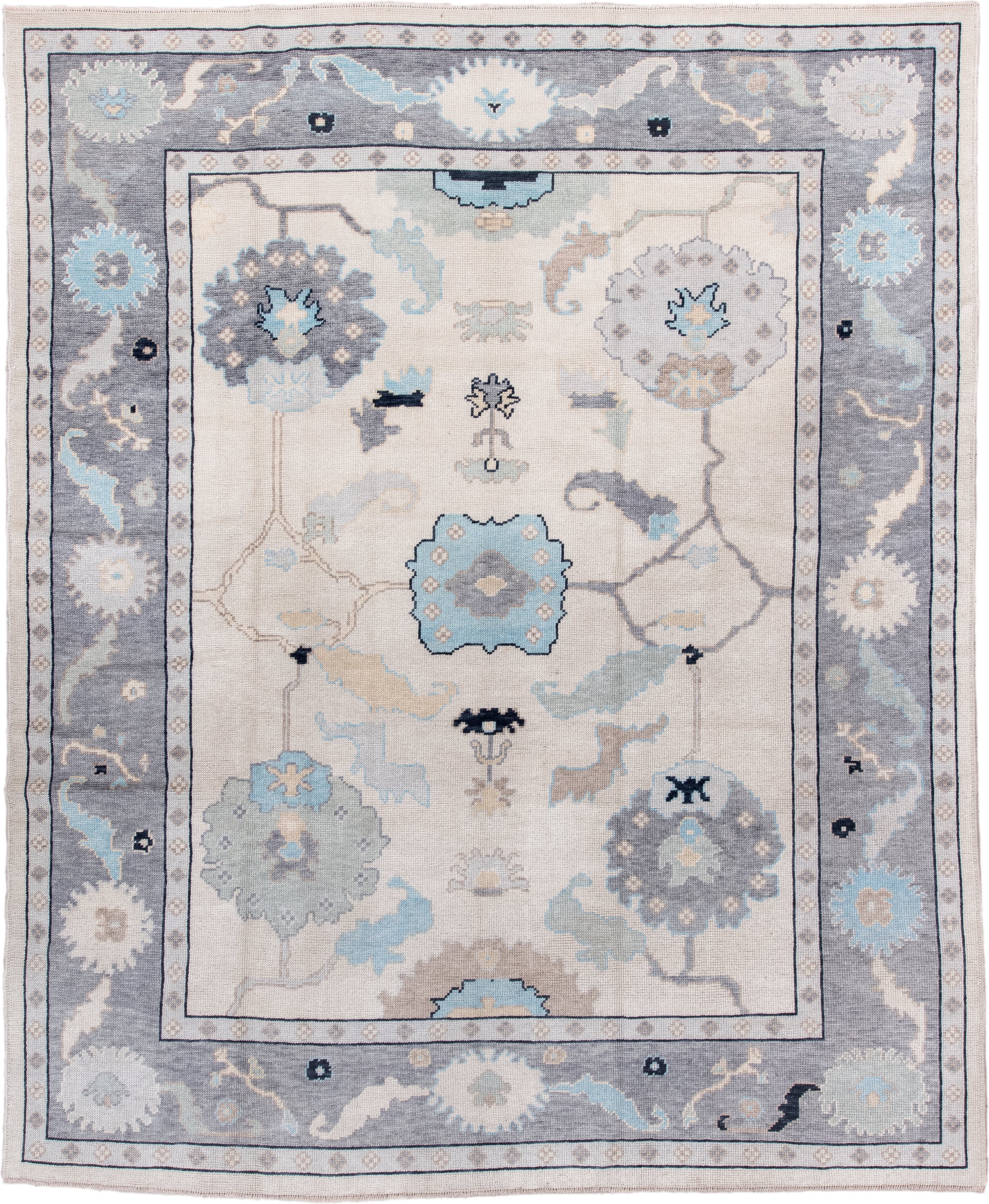 8' x 10' one-of-a-kind handmade vintage Oushak large size rug. Color palette: ivory, gray, pale blue, taupe, charcoal, cream