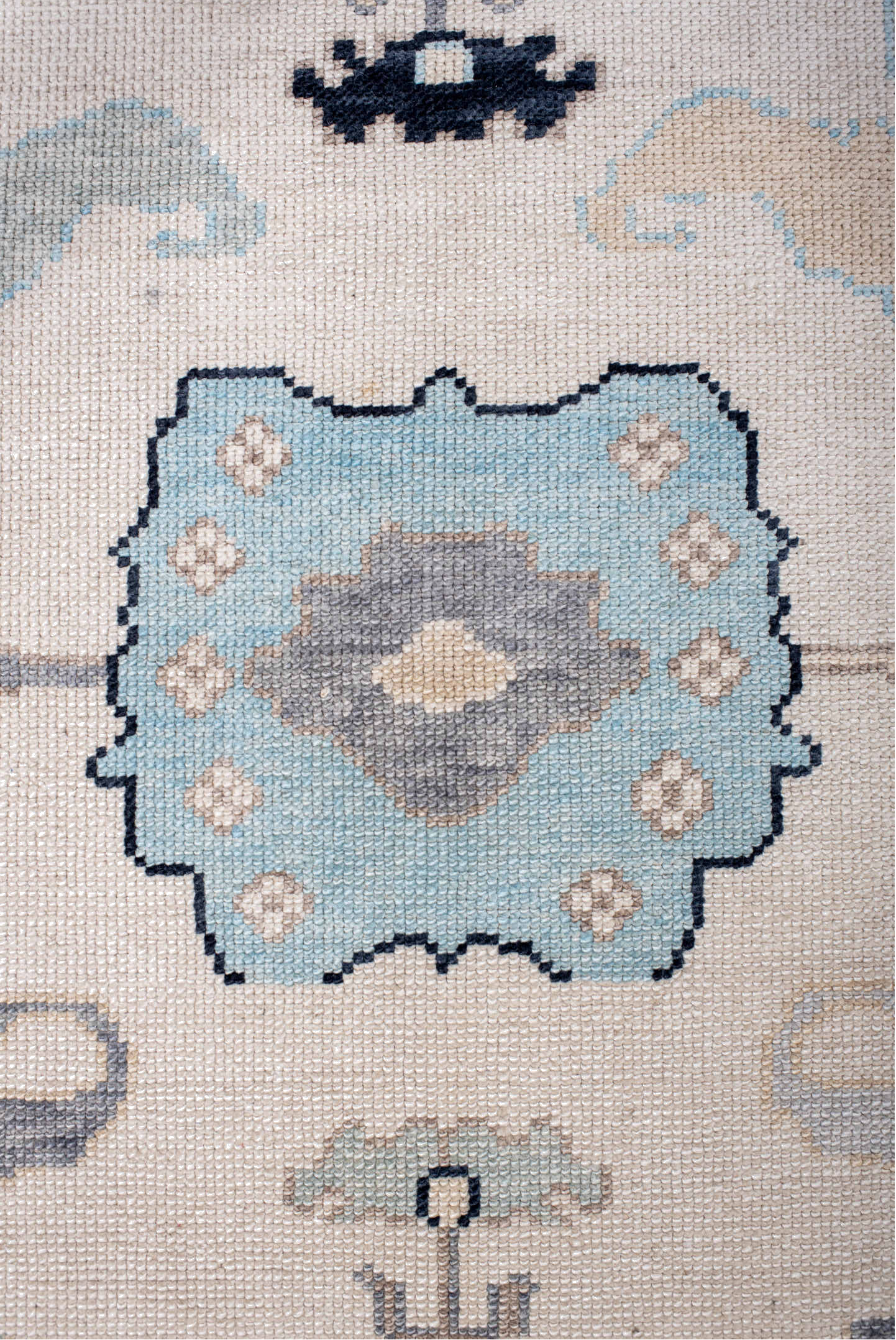 8' x 10' one-of-a-kind handmade vintage Oushak large size rug. Color palette: black, blue, dark gray, fiord, gray