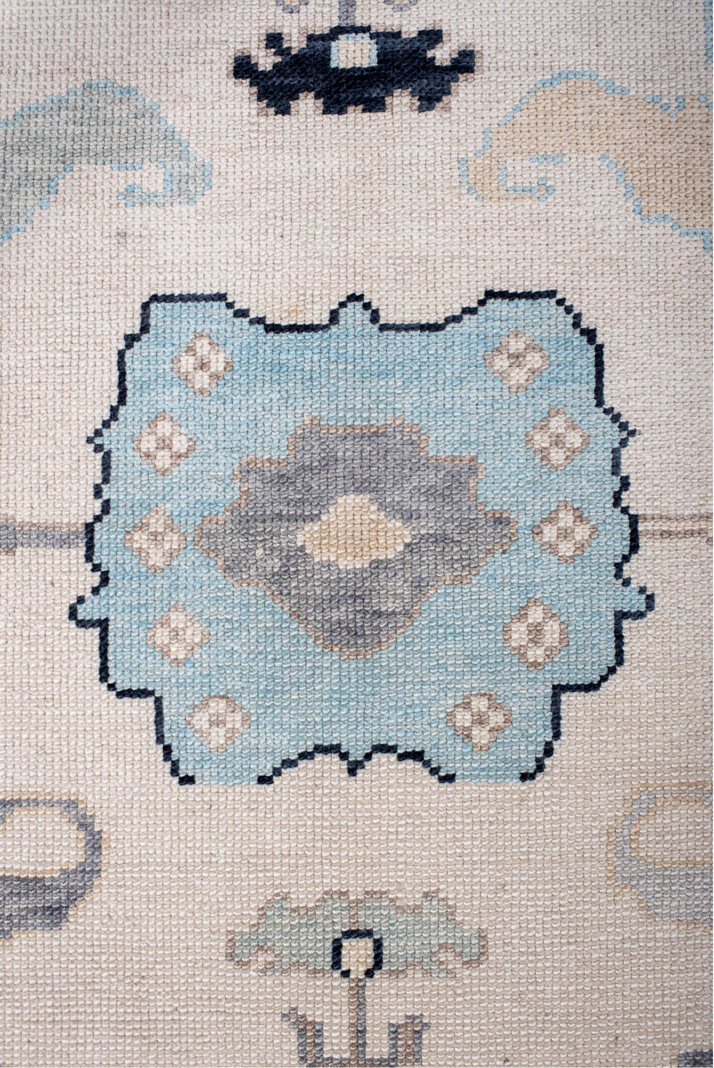 8' x 10' one-of-a-kind handmade vintage Oushak large size rug. Color palette: black, blue, dark gray, fiord, gray