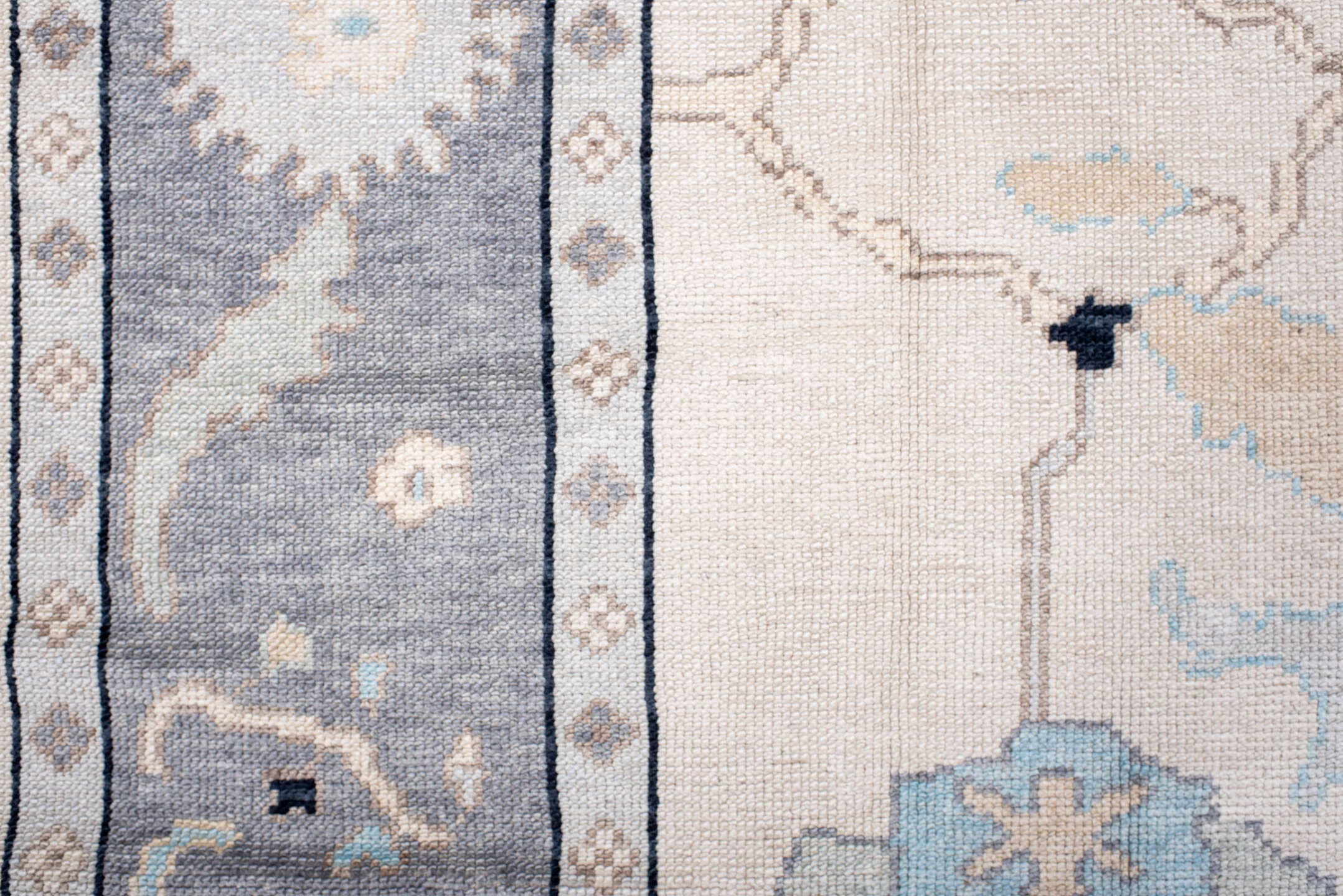 8' x 10' one-of-a-kind handmade vintage Oushak large size rug. Color palette: ivory, gray, pale blue, taupe, charcoal, cream