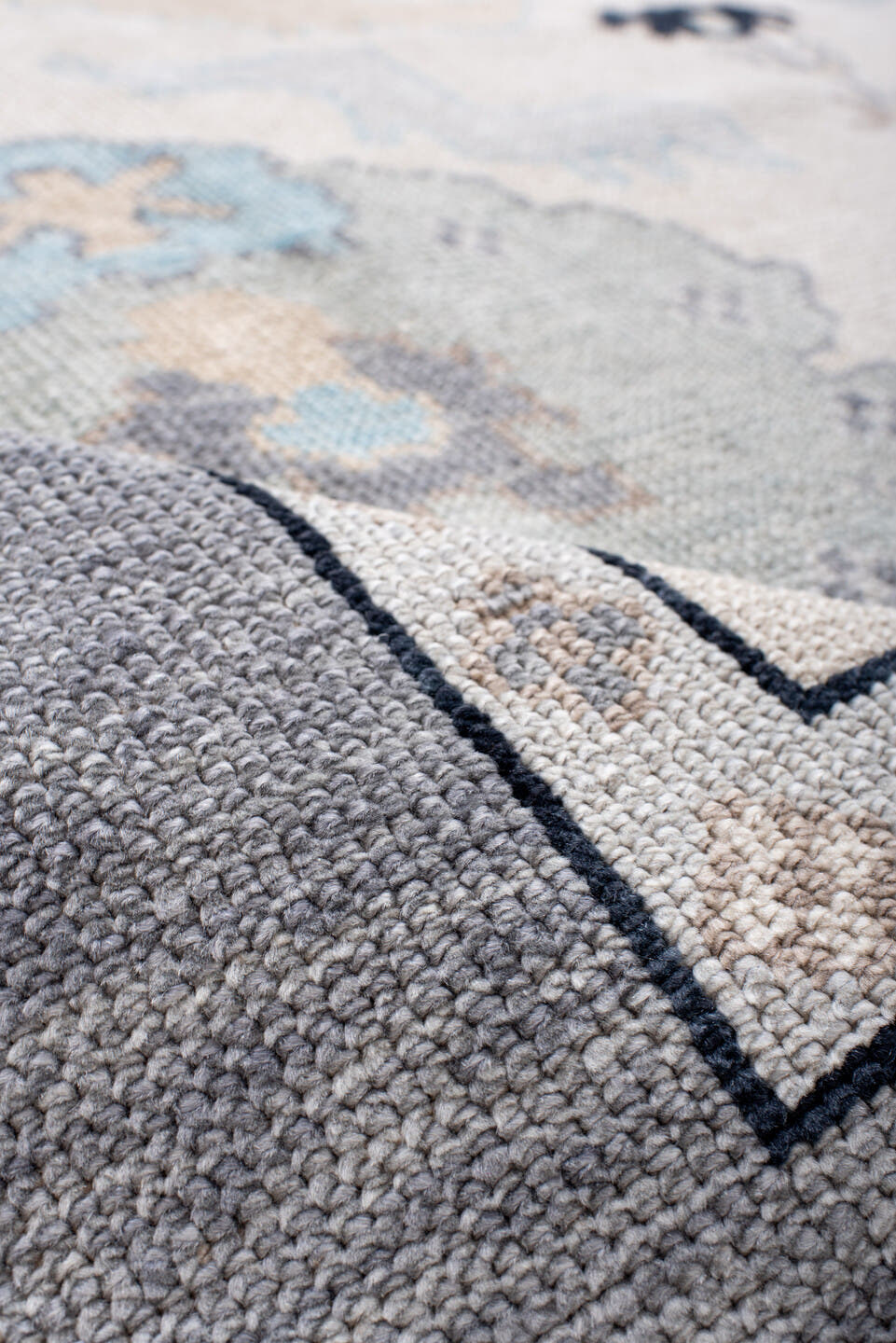 8' x 10' one-of-a-kind handmade vintage Oushak large size rug. Color palette: ivory, gray, pale blue, taupe, charcoal, cream