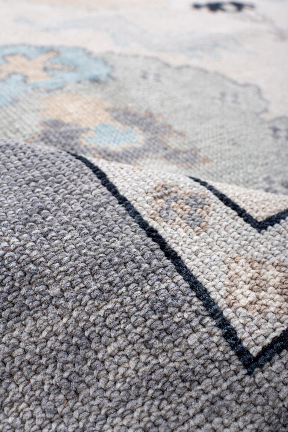 8' x 10' one-of-a-kind handmade vintage Oushak large size rug. Color palette: ivory, gray, pale blue, taupe, charcoal, cream