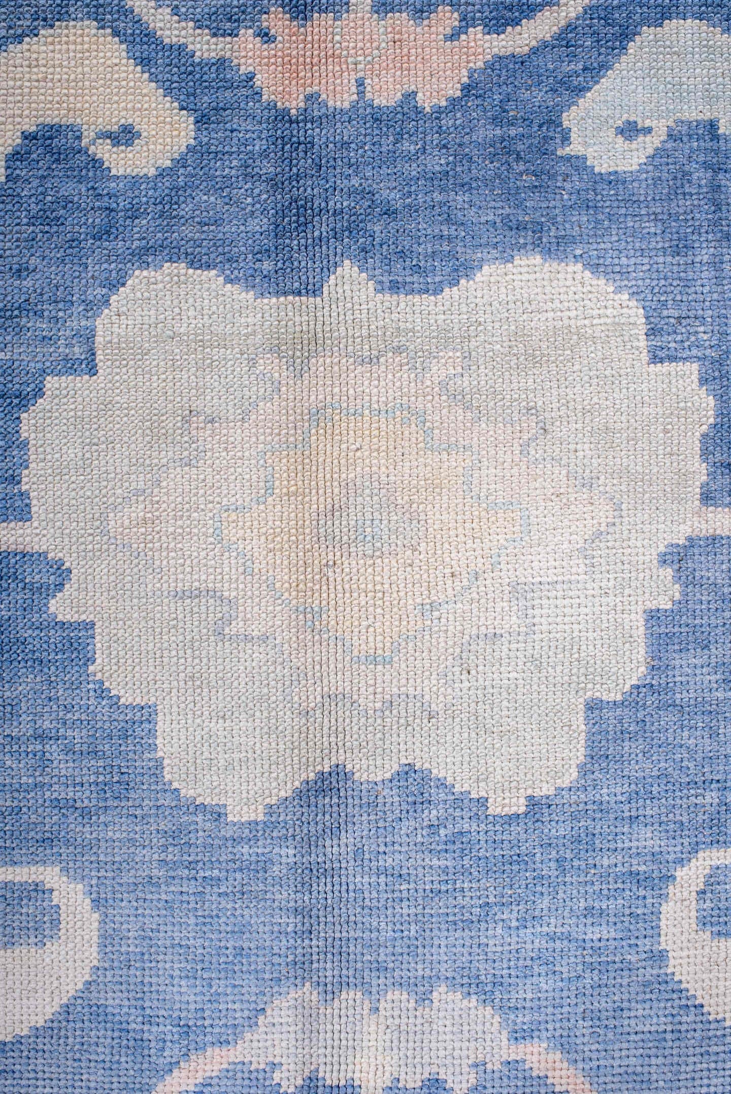 8' x 11' one-of-a-kind handmade vintage Oushak large size rug. Color palette: powder blue, ivory, blush, pale peach