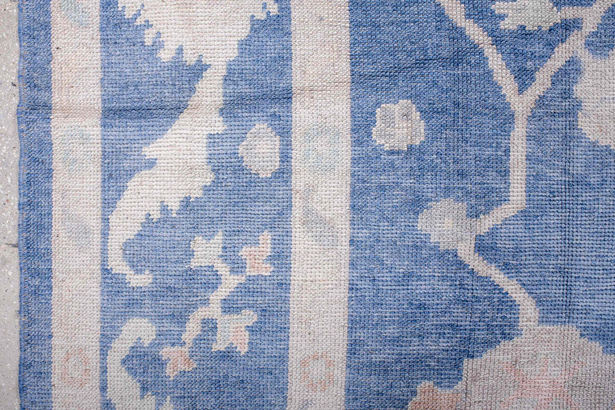 8' x 11' one-of-a-kind handmade vintage Oushak large size rug. Color palette: powder blue, ivory, blush, pale peach