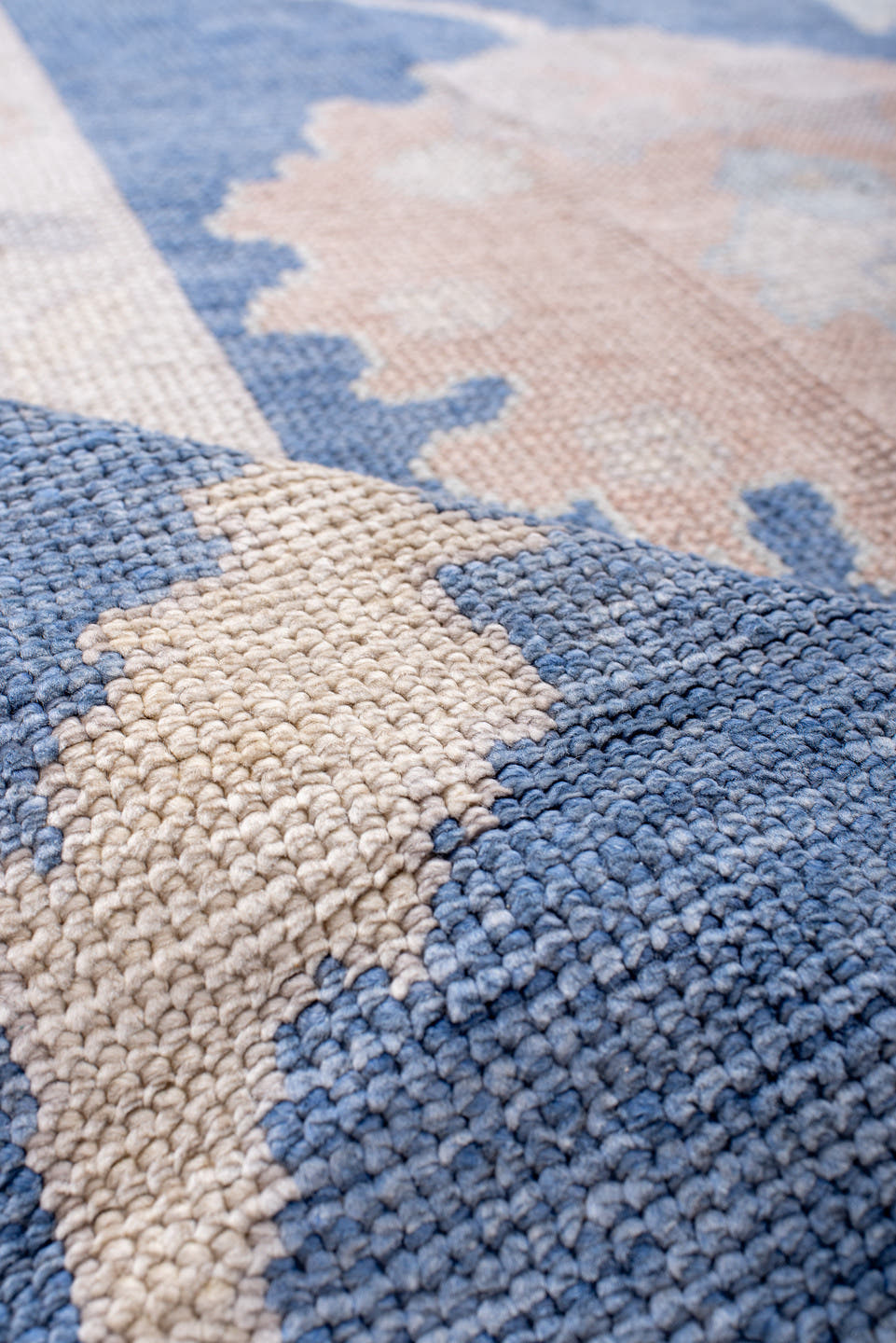 8' x 11' one-of-a-kind handmade vintage Oushak large size rug. Color palette: powder blue, ivory, blush, pale peach
