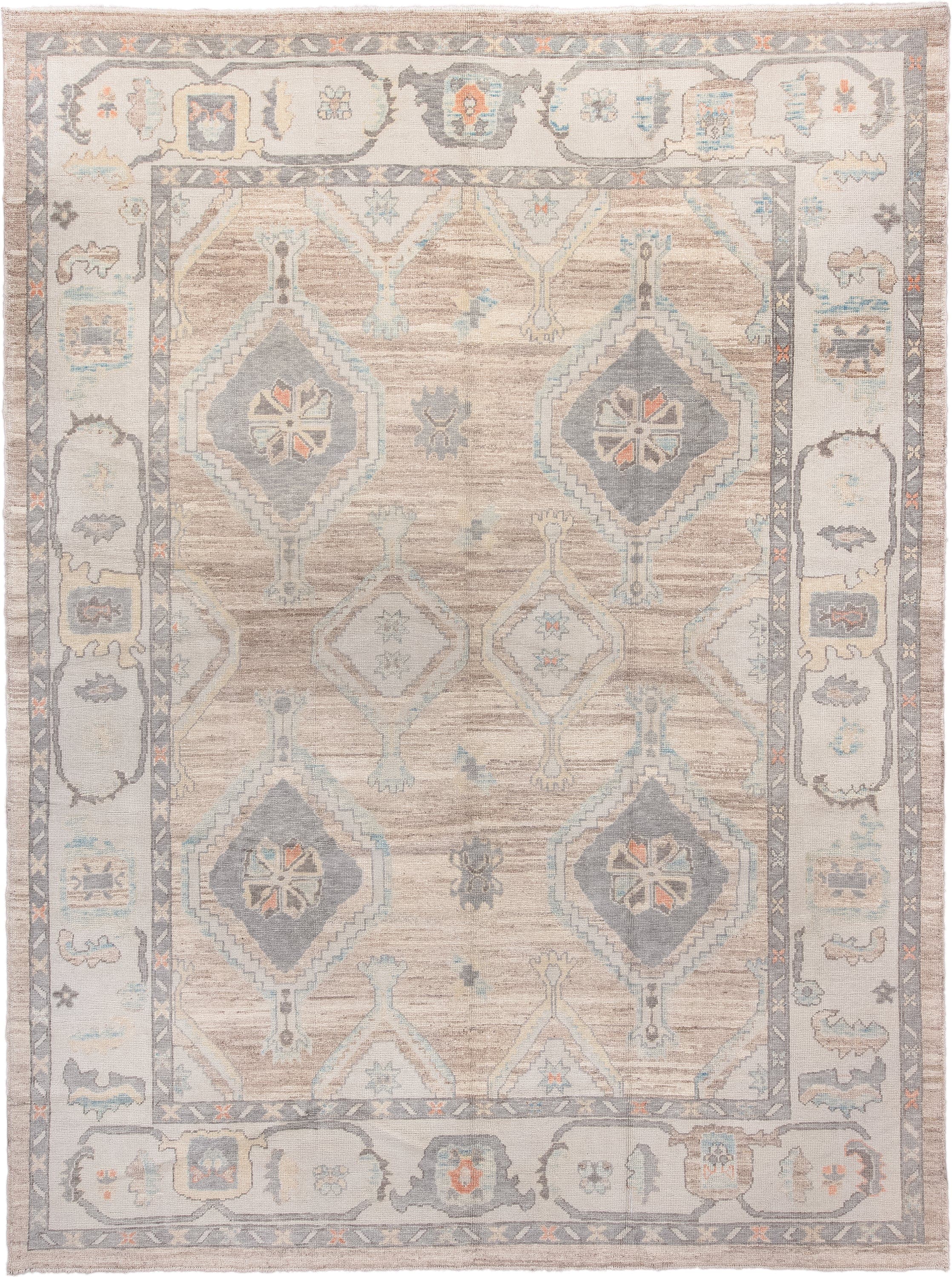 10' x 13' one-of-a-kind handmade vintage Oushak large size rug. Color palette: taupe, ivory, slate, sky blue, coral, beige