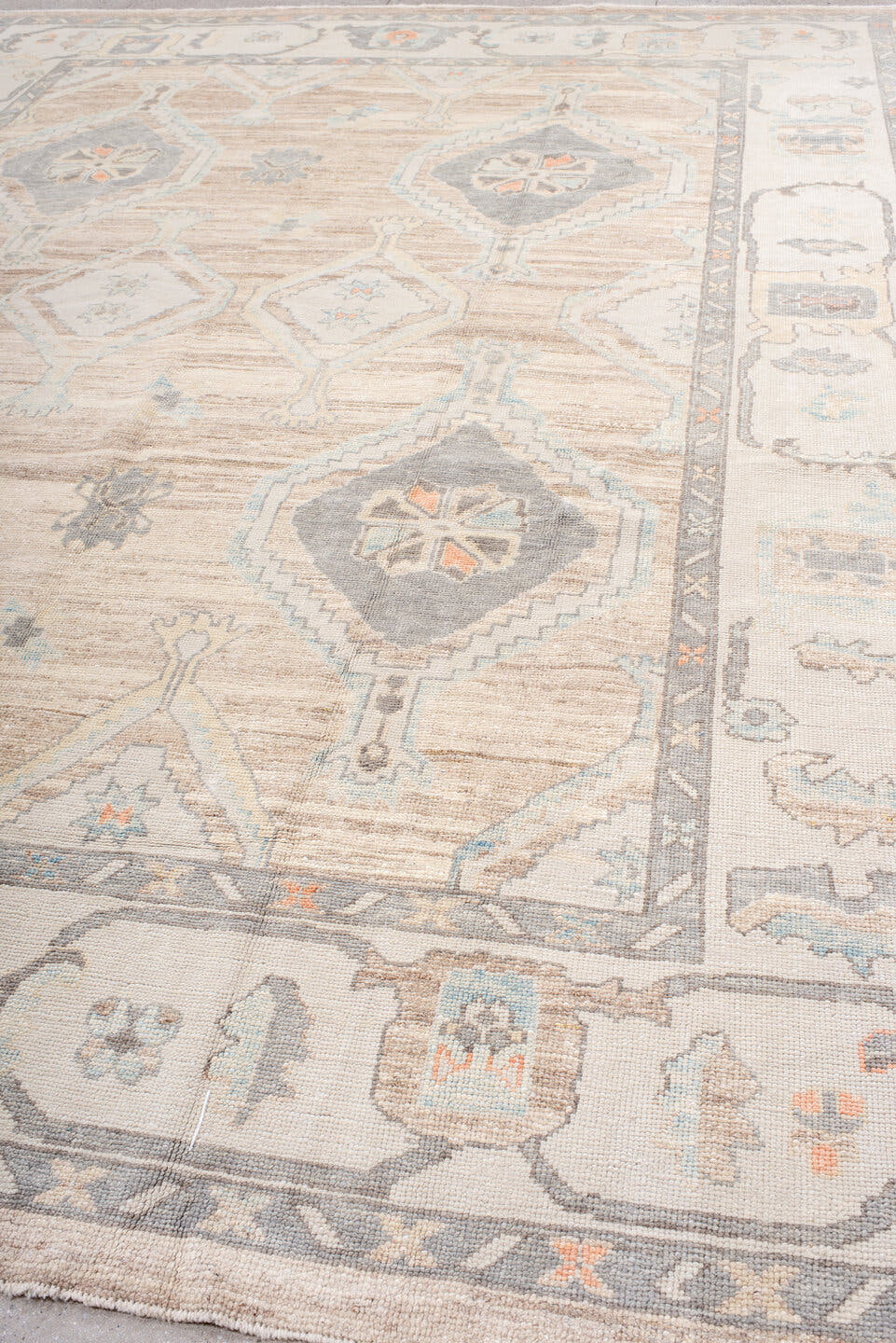 10' x 13' one-of-a-kind handmade vintage Oushak large size rug. Color palette: taupe, ivory, slate, sky blue, coral, beige