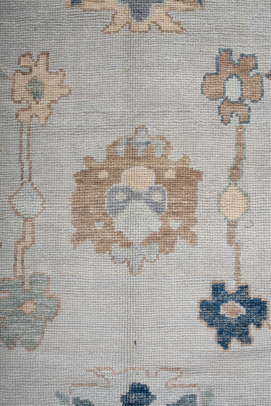 9' x 11' one-of-a-kind handmade vintage Oushak large size rug. Color palette: ivory, slate, peach, sage, navy, cream, taupe