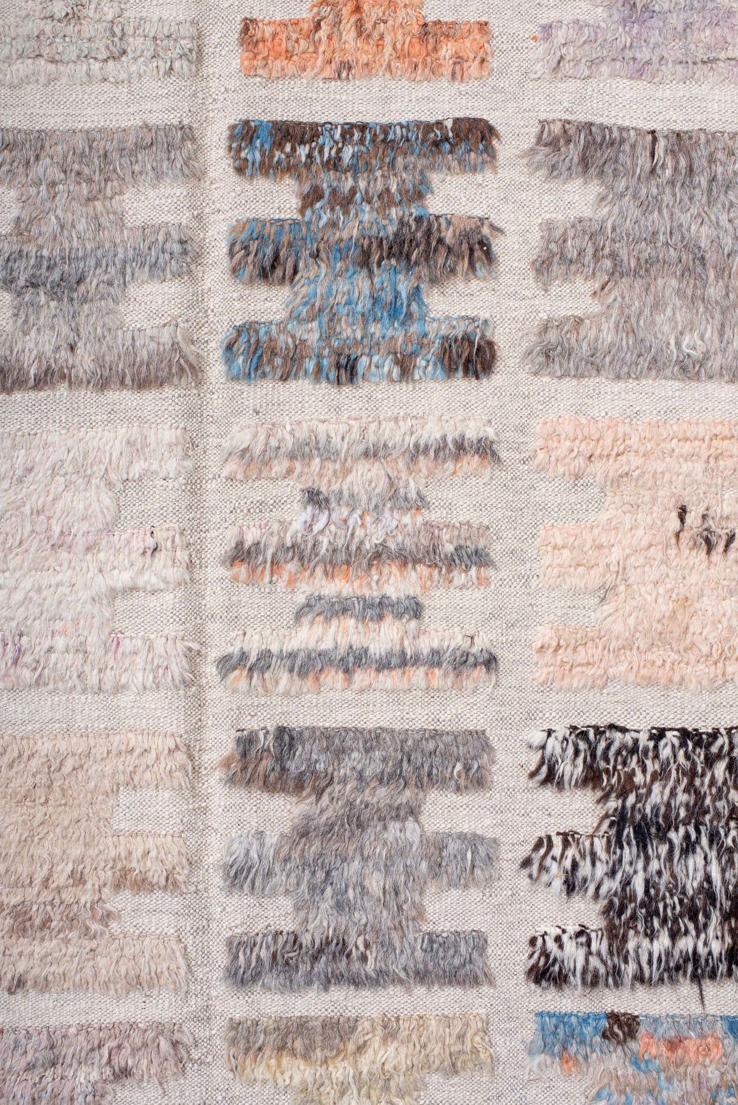 10' x 14' one-of-a-kind handmade vintage Tulu large size rug. Color palette: ivory, taupe, sky blue, charcoal, brown, peach