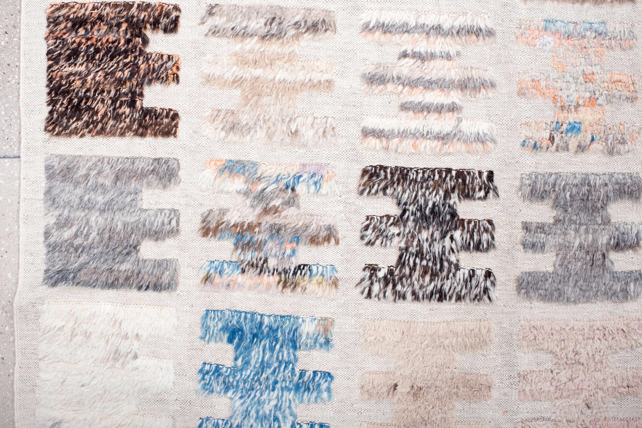 10' x 14' one-of-a-kind handmade vintage Tulu large size rug. Color palette: ivory, taupe, sky blue, charcoal, brown, peach