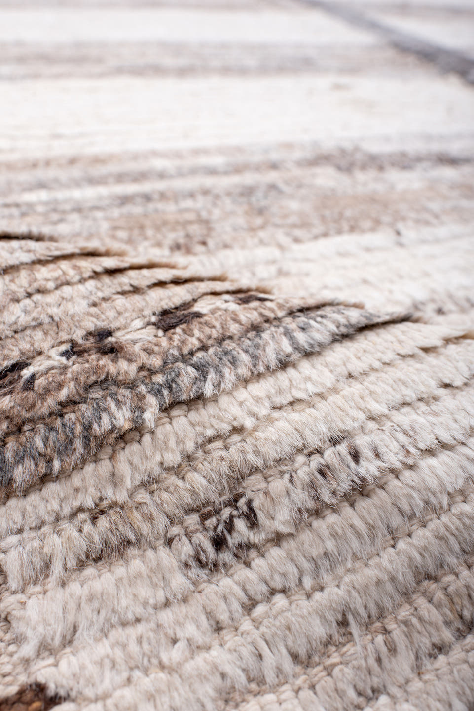 10' x 14' one-of-a-kind handmade vintage Tulu large size rug. Color palette: ivory, taupe, gray, brown, greige, beige
