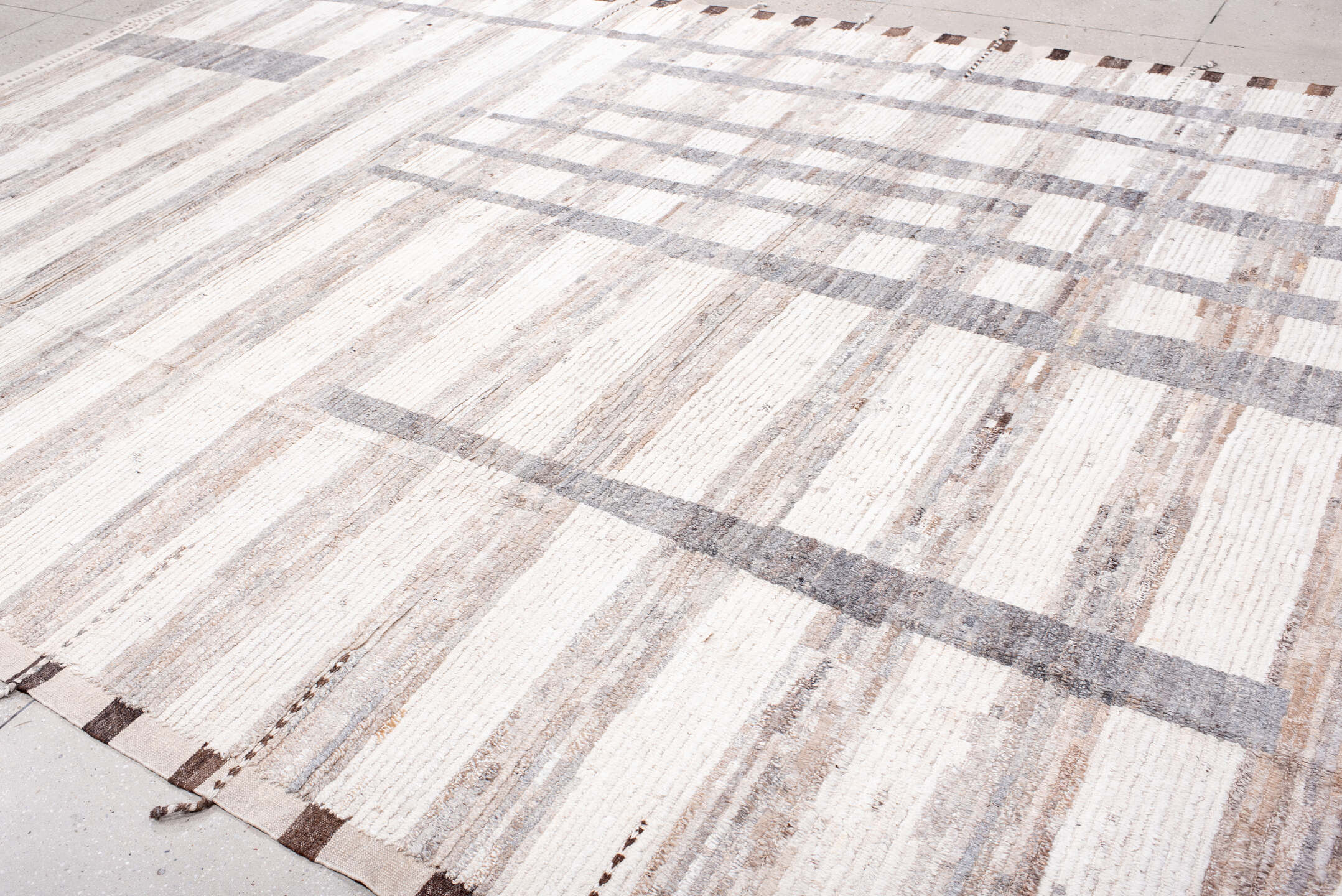 10' x 14' one-of-a-kind handmade vintage Tulu large size rug. Color palette: ivory, taupe, gray, brown, greige, beige