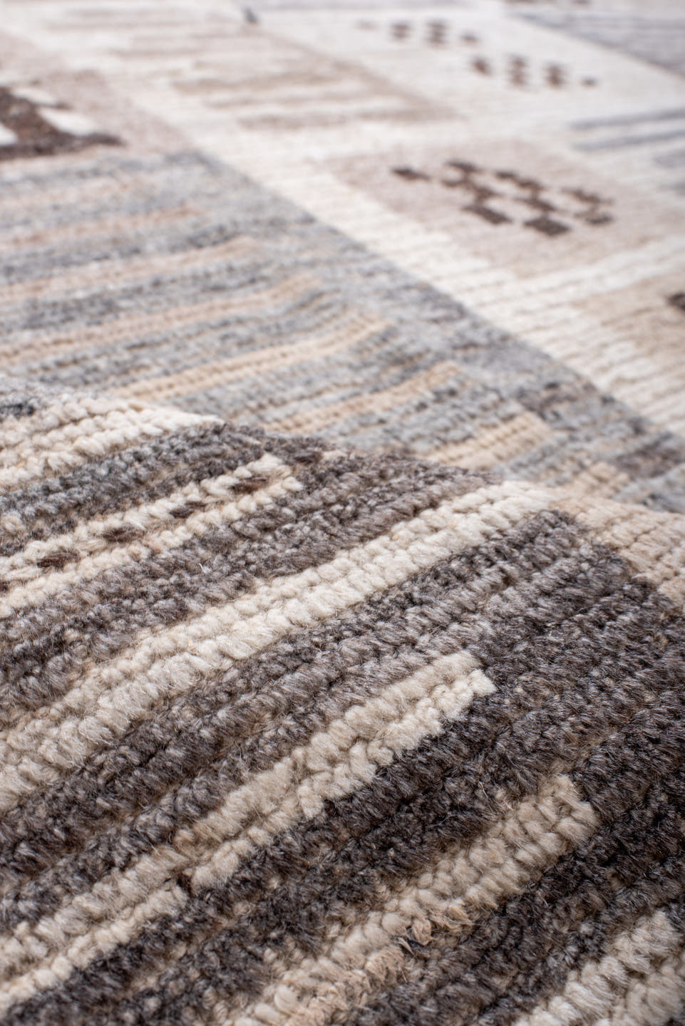 10' x 13' one-of-a-kind handmade vintage Tulu large size rug. Color palette: ivory, taupe, gray, blush, charcoal, cream