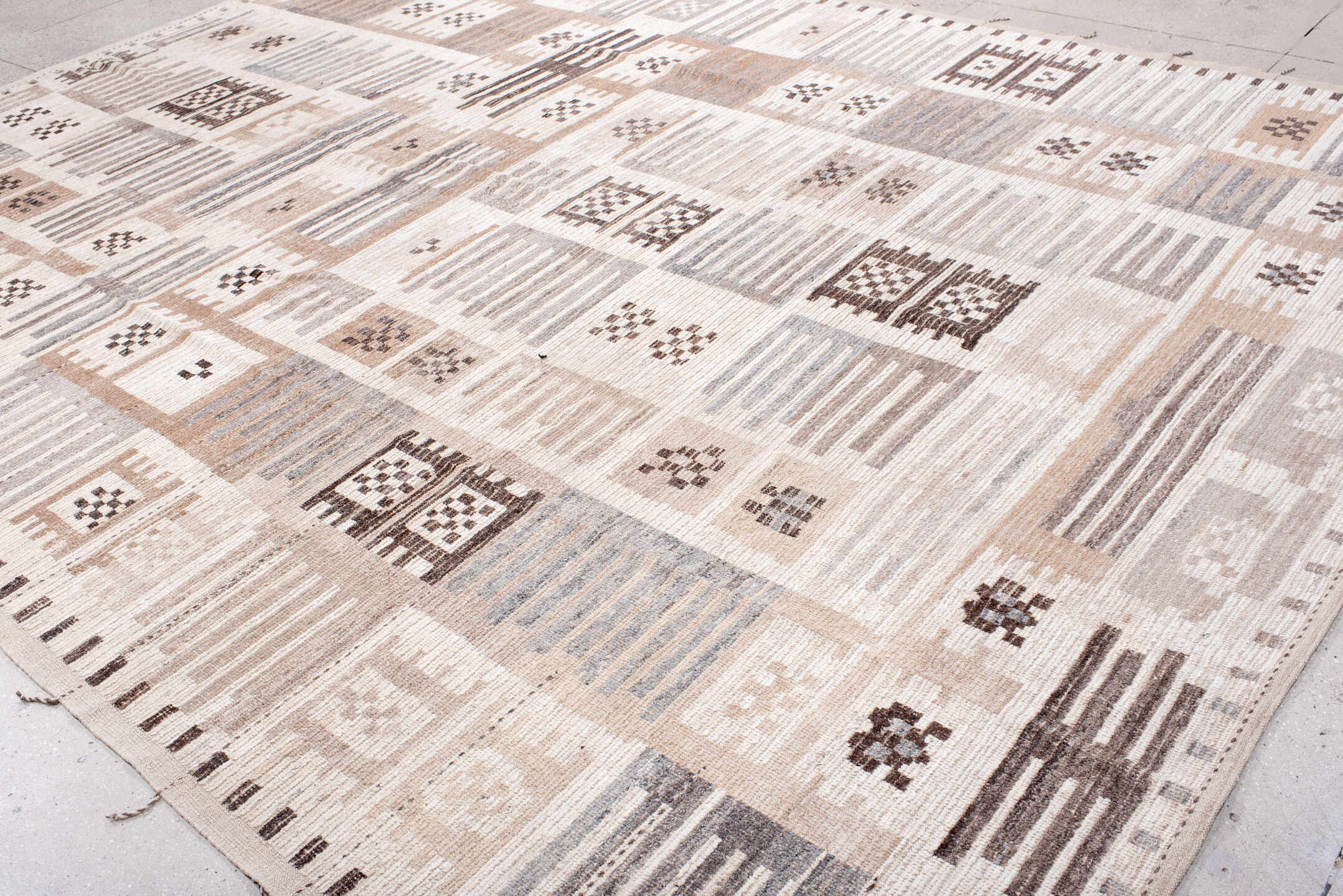 10' x 13' one-of-a-kind handmade vintage Tulu large size rug. Color palette: ivory, taupe, gray, blush, charcoal, cream