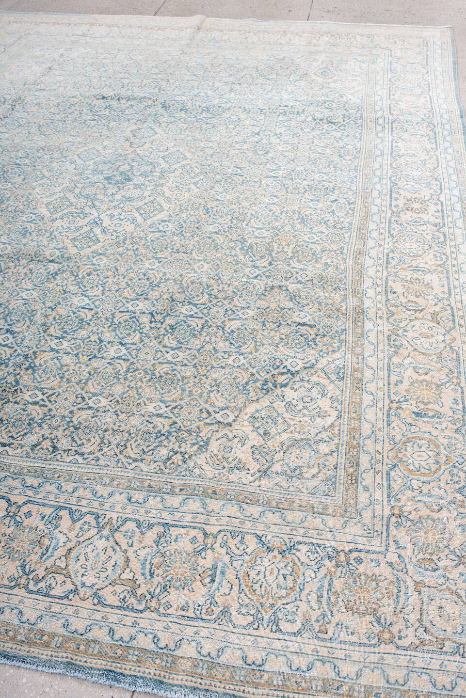 9' x 12' one-of-a-kind handmade antique Tabriz large size rug. Color palette: ivory, sky blue, pale blue, beige, cream
