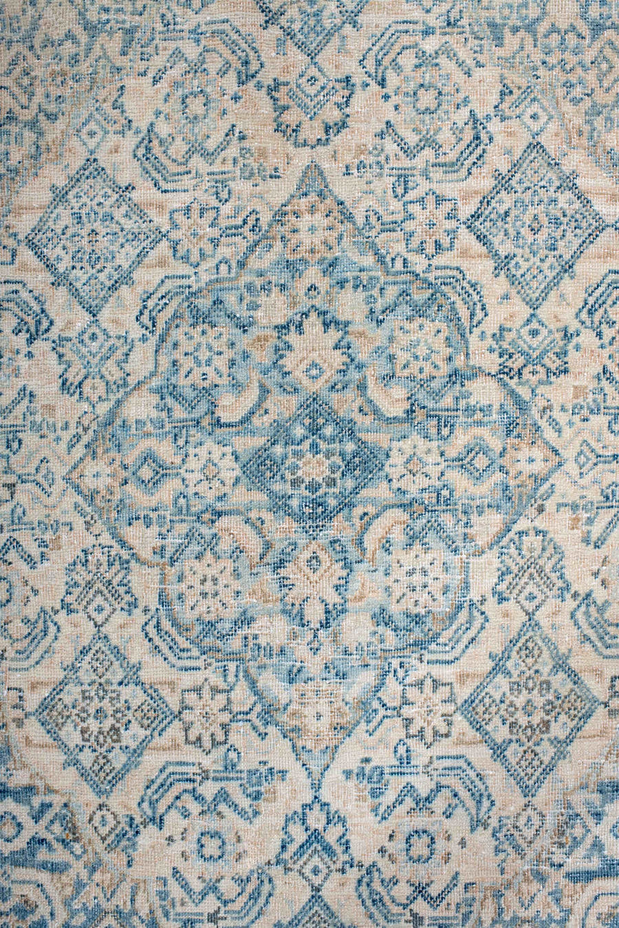 9' x 12' one-of-a-kind handmade antique Tabriz large size rug. Color palette: ivory, sky blue, pale blue, beige, cream