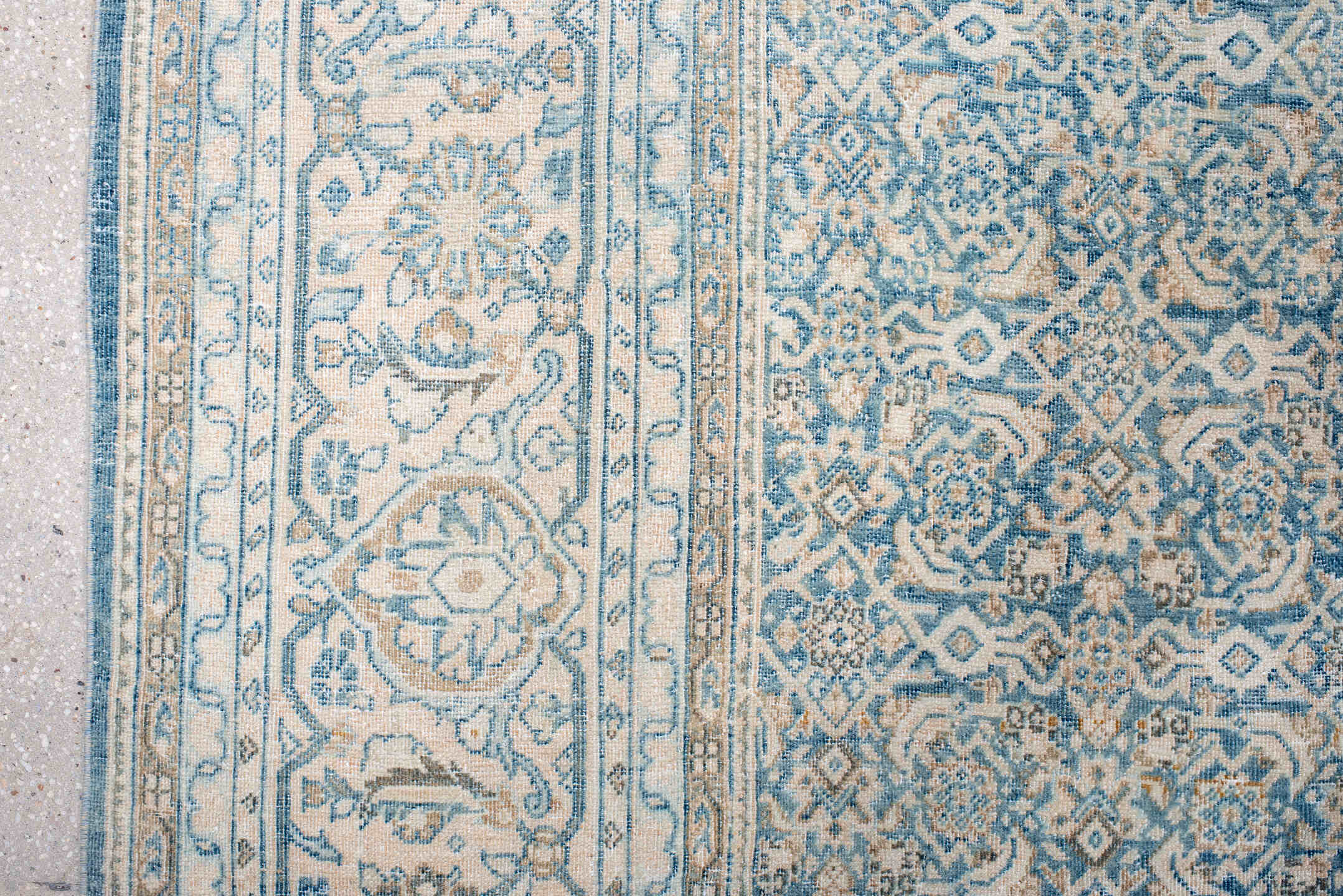 9' x 12' one-of-a-kind handmade antique Tabriz large size rug. Color palette: ivory, sky blue, pale blue, beige, cream