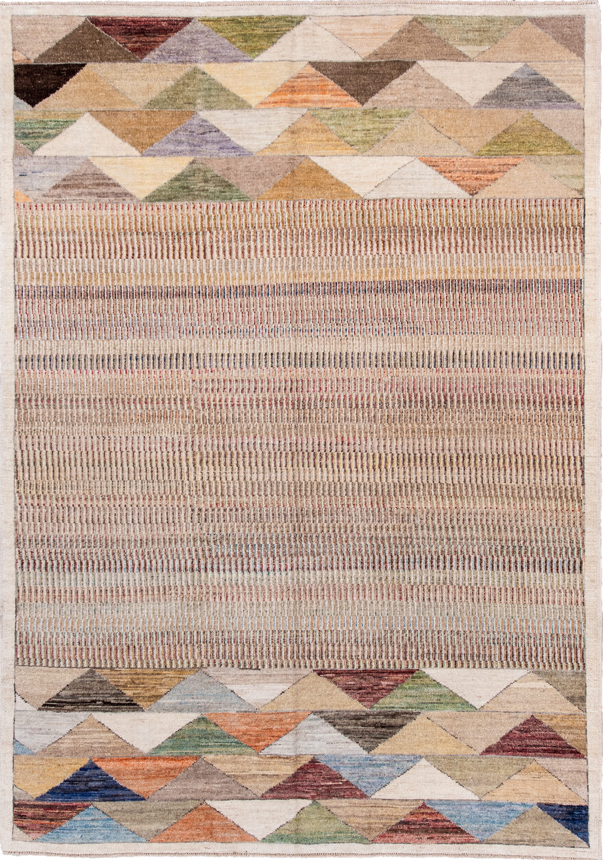 6' x 8' one-of-a-kind handmade vintage Contemporary medium size rug. Color palette: blue, brown, gray, light slate gray