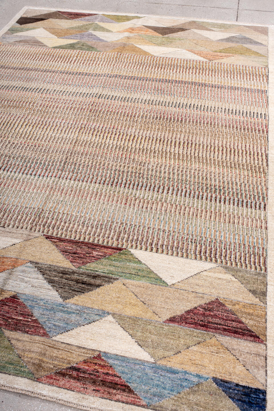 6' x 8' one-of-a-kind handmade handmade Contemporary medium size rug. Color palette: ivory, taupe, beige, sage, rust