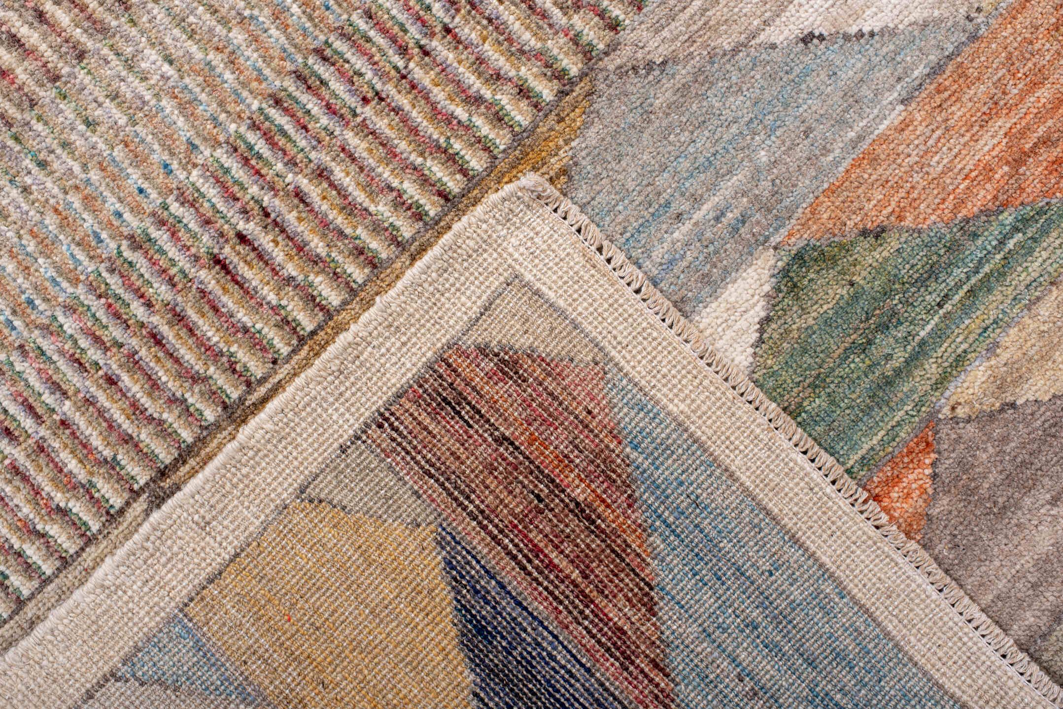 6' x 8' one-of-a-kind handmade vintage Contemporary medium size rug. Color palette: blue, brown, gray, light slate gray