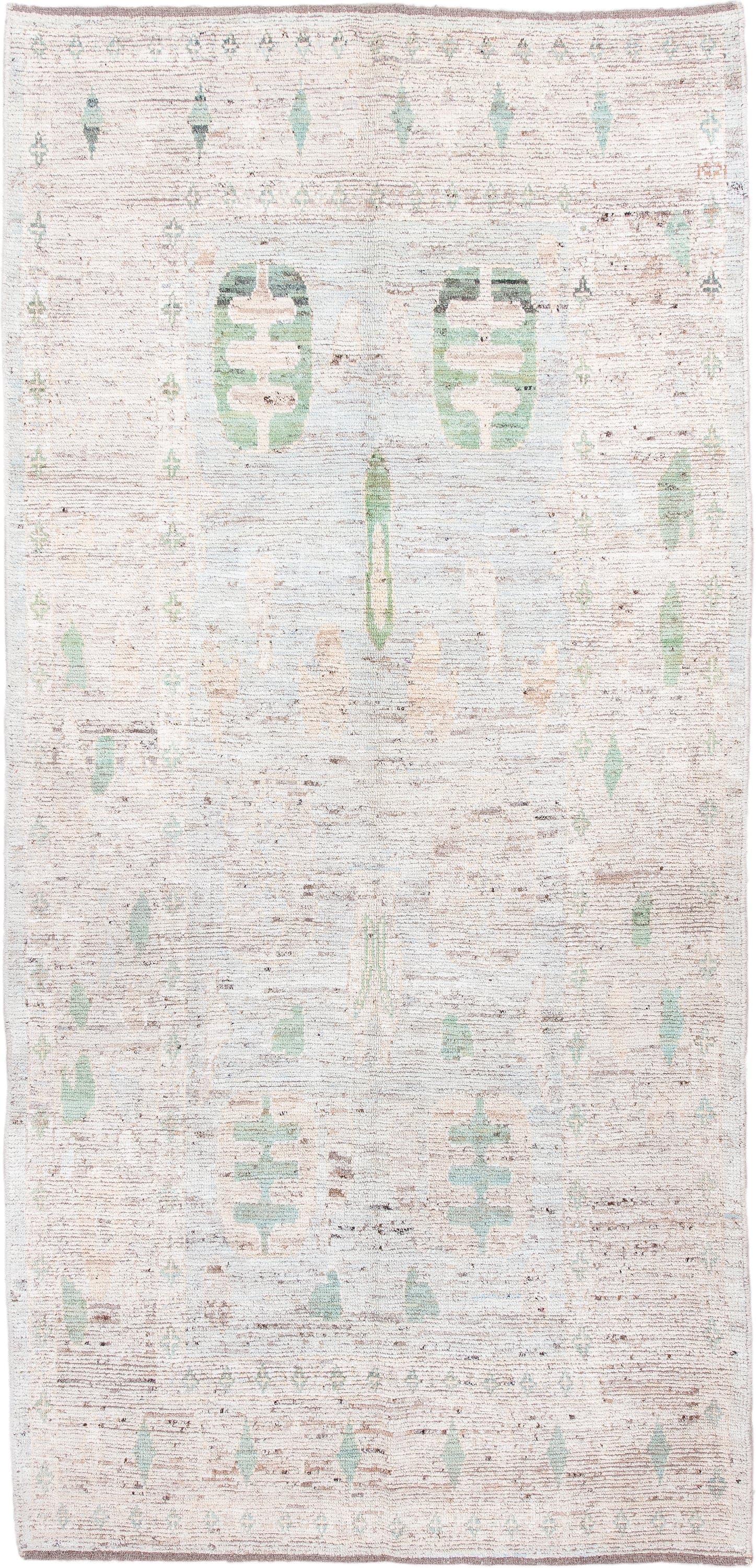 5' x 11' one-of-a-kind handmade vintage Oushak rug. Color palette: ivory, mint, blush, taupe, pale aqua, green, pink, beige