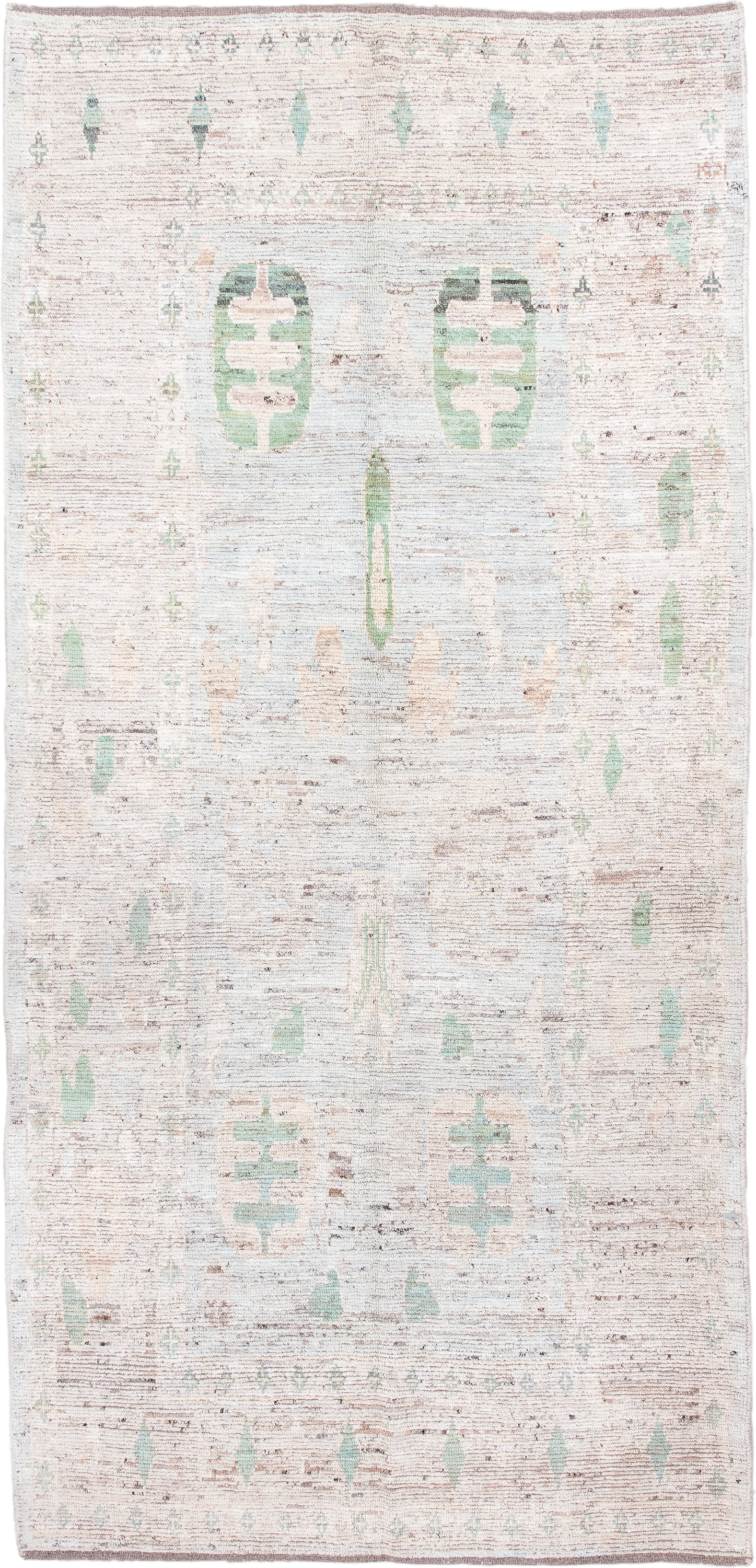 5' x 11' one-of-a-kind handmade vintage Oushak rug. Color palette: ivory, mint, blush, taupe, pale aqua, green, pink, beige