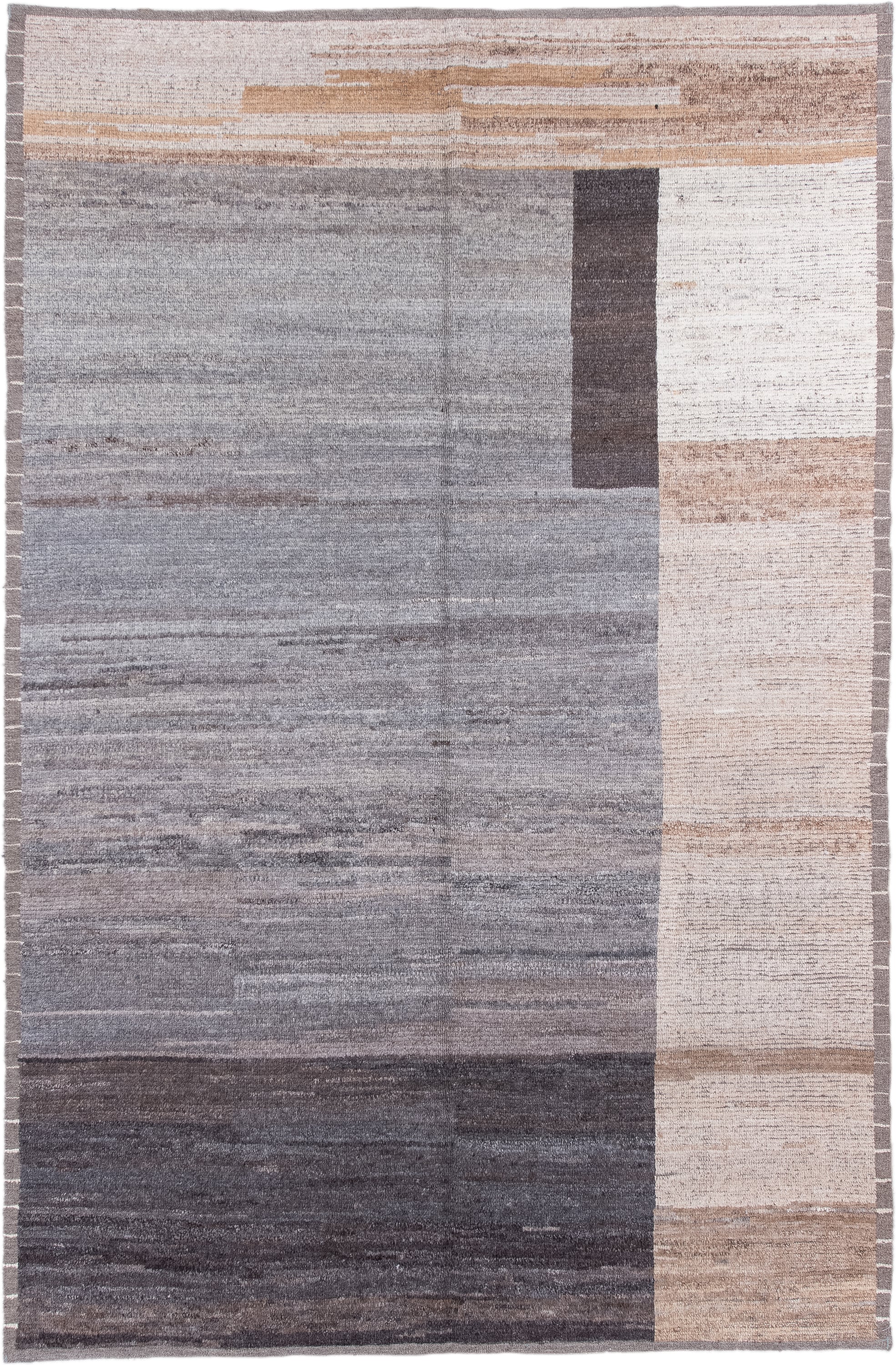 6' x 9' one-of-a-kind handmade vintage Tulu large size rug. Color palette: gray, ivory, taupe, charcoal, beige, brown, black