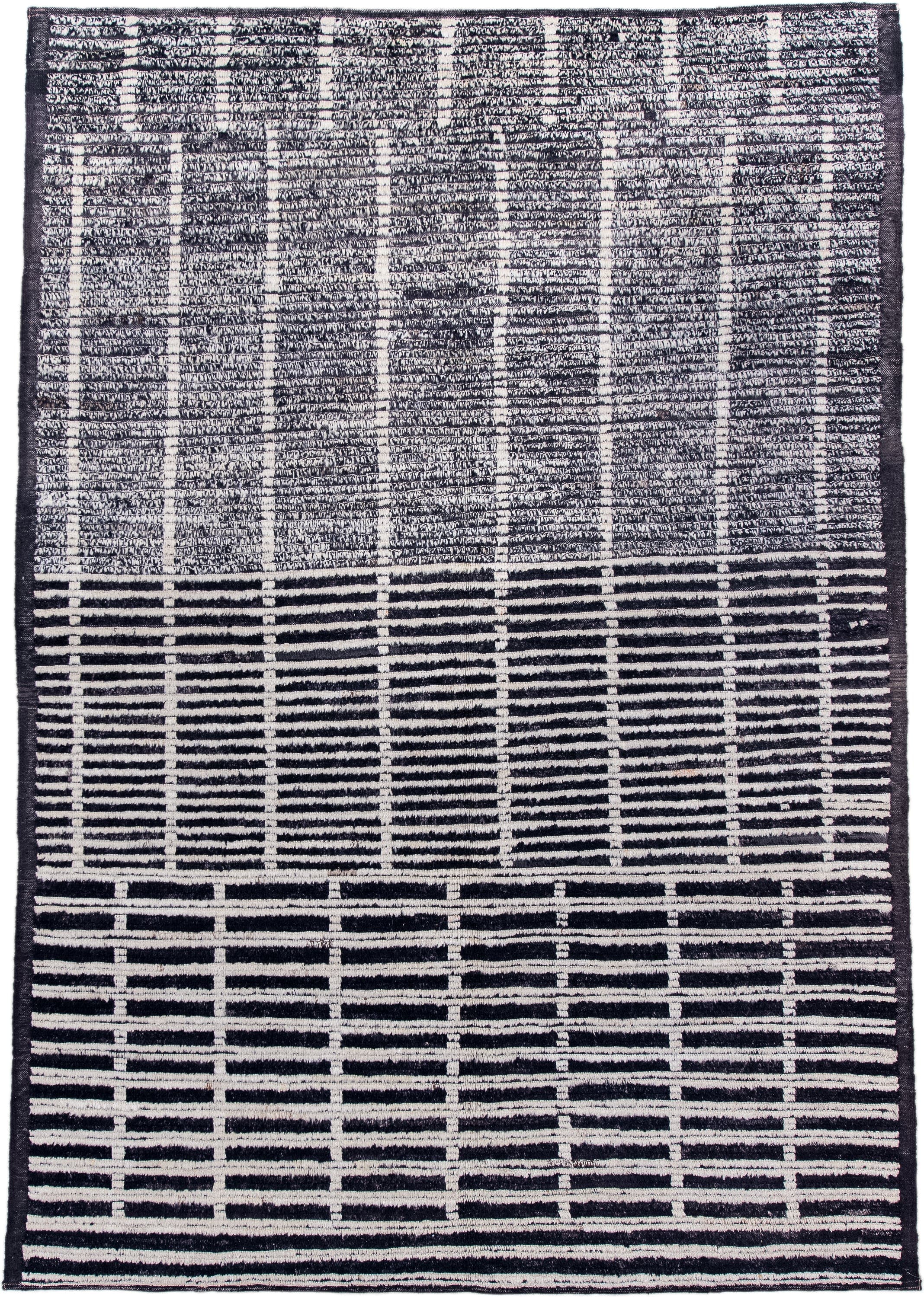 6' x 8' one-of-a-kind handmade vintage Tulu medium size rug. Color palette: black, ivory, charcoal, slate, gray