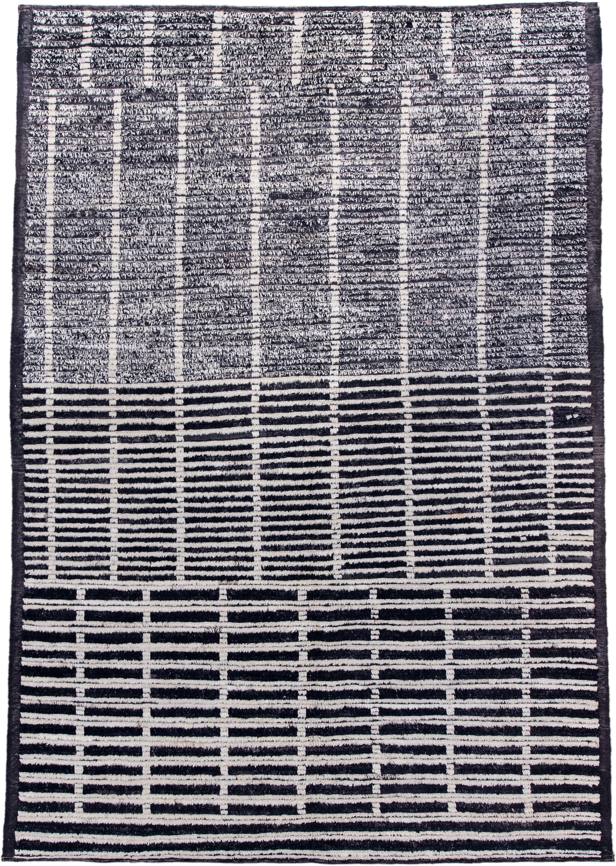 6' x 8' one-of-a-kind handmade vintage Tulu medium size rug. Color palette: black, ivory, charcoal, slate, gray