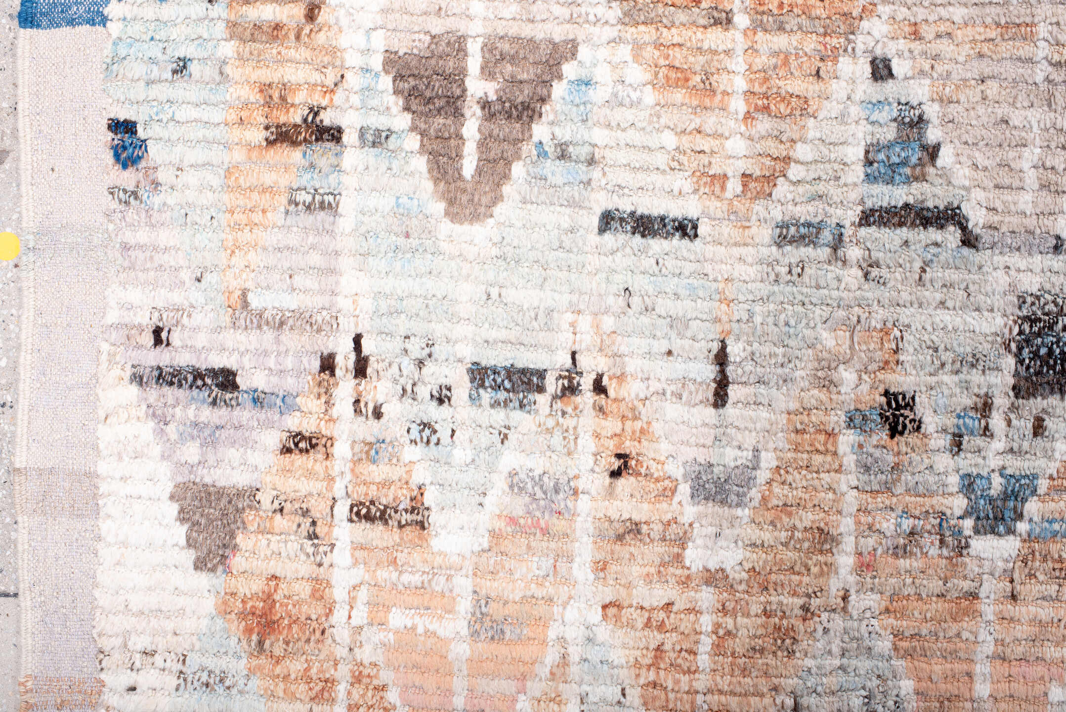 12' x 15' one-of-a-kind handmade vintage Tulu oversize rug. Color palette: ivory, charcoal, sky blue, blush, taupe