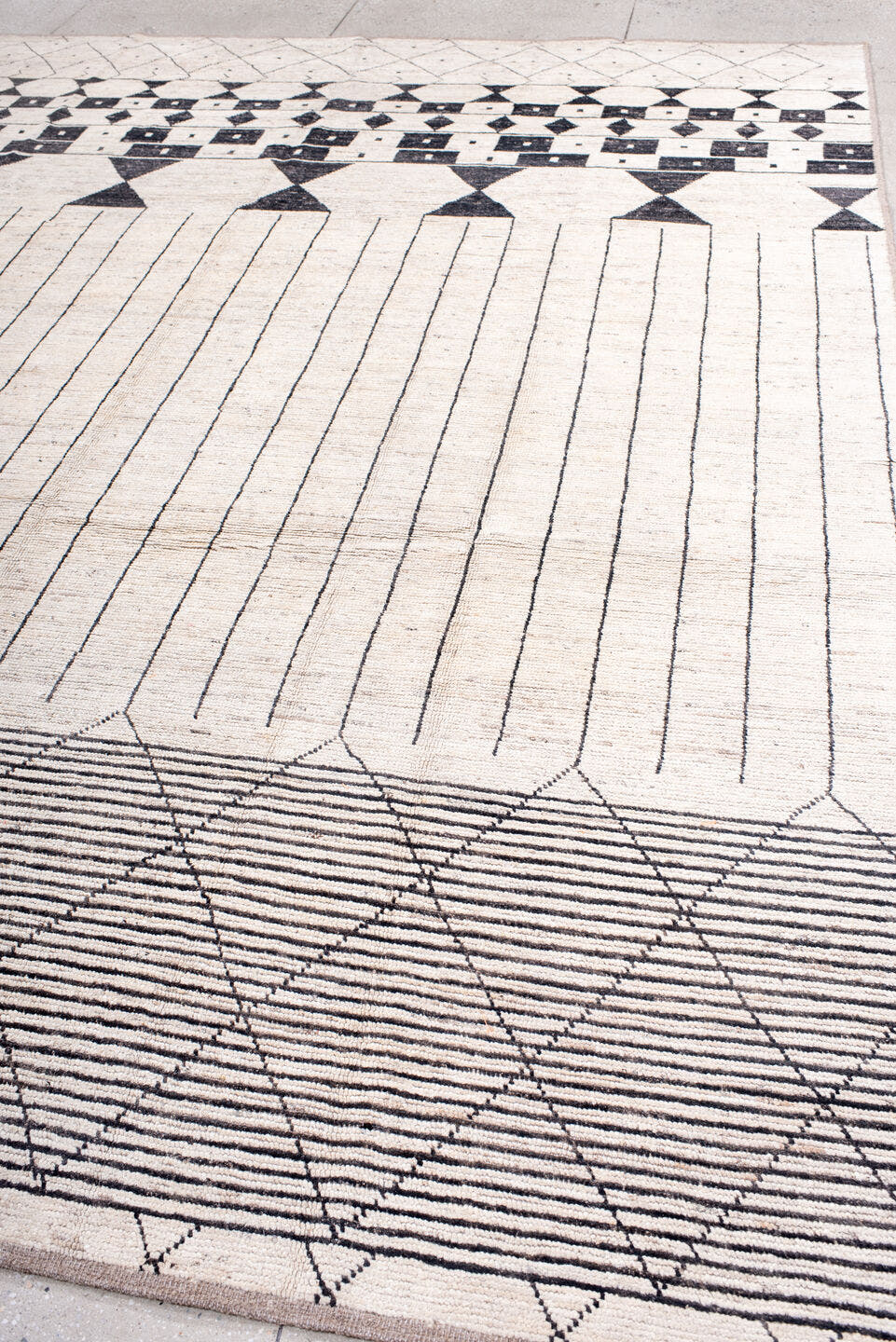 9' x 12' one-of-a-kind handmade vintage Tulu large size rug. Color palette: ivory, charcoal, taupe, gray, black, beige