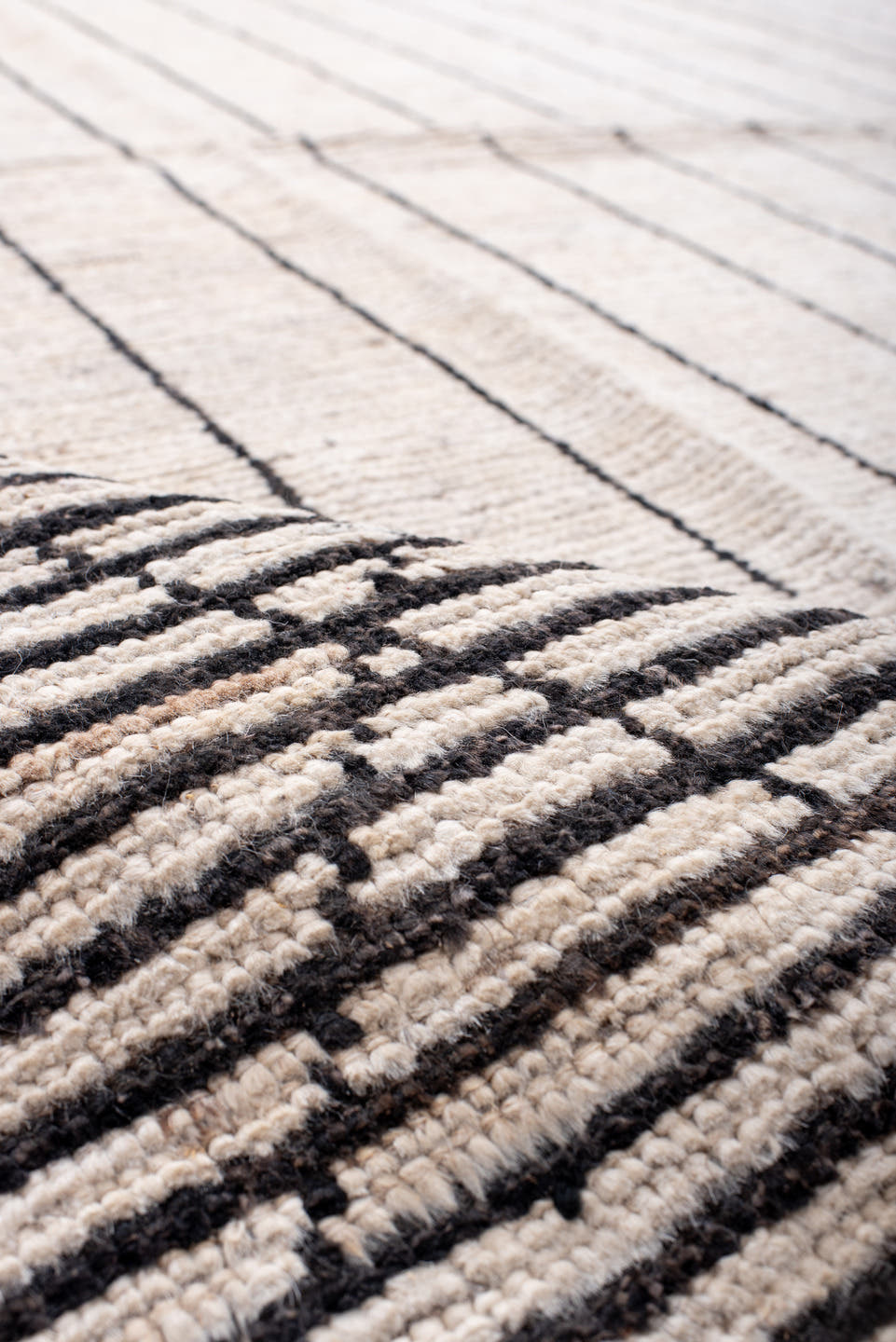 9' x 12' one-of-a-kind handmade vintage Tulu large size rug. Color palette: ivory, charcoal, taupe, gray, black, beige