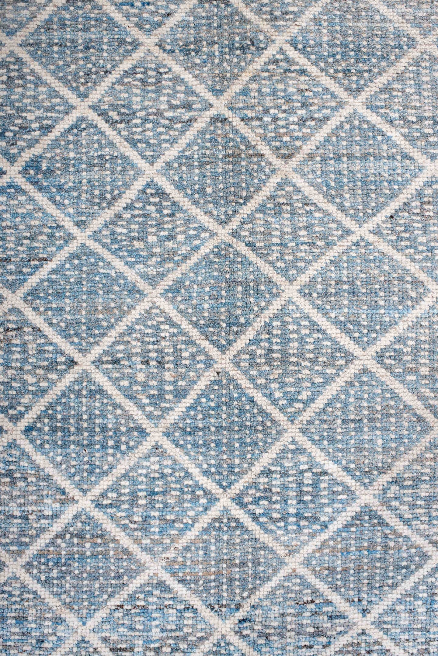 9' x 12' one-of-a-kind handmade vintage Tulu large size rug. Color palette: pale blue, ivory, sky blue, slate, cream