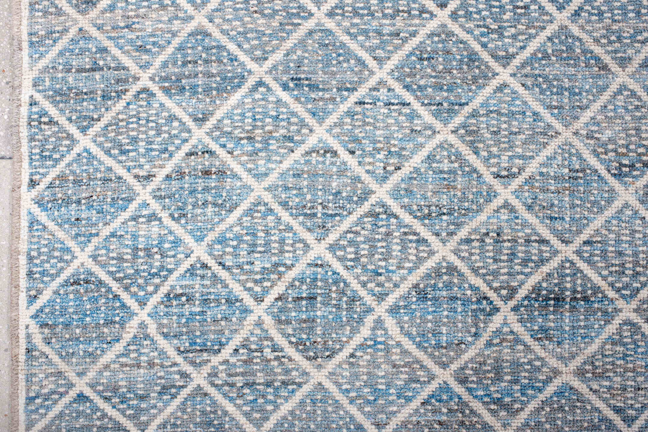 9' x 12' one-of-a-kind handmade vintage Tulu large size rug. Color palette: pale blue, ivory, sky blue, slate, cream