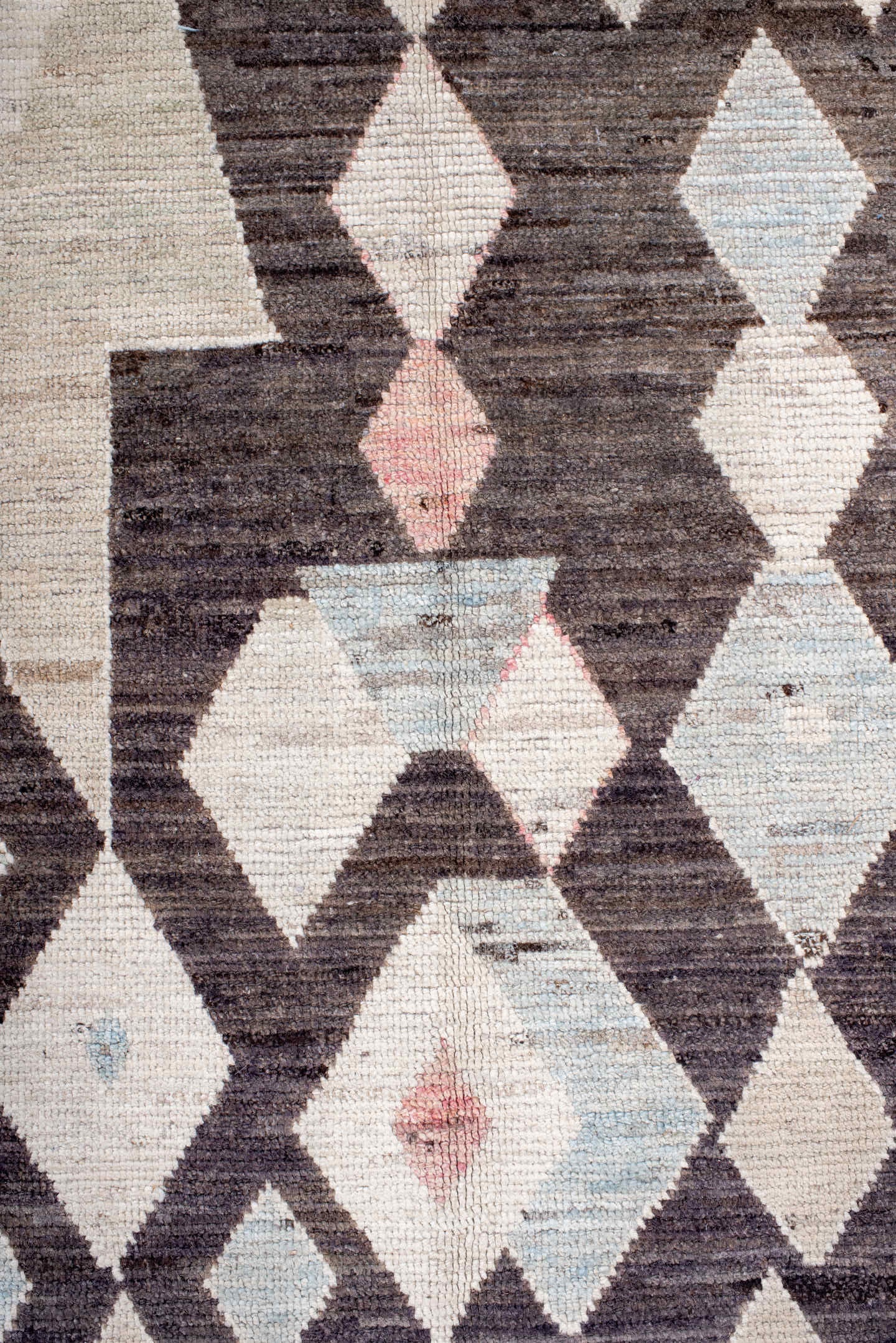 6' x 8' one-of-a-kind handmade vintage Tulu medium size rug. Color palette: brown, ivory, blush, pale_blue, taupe, pink