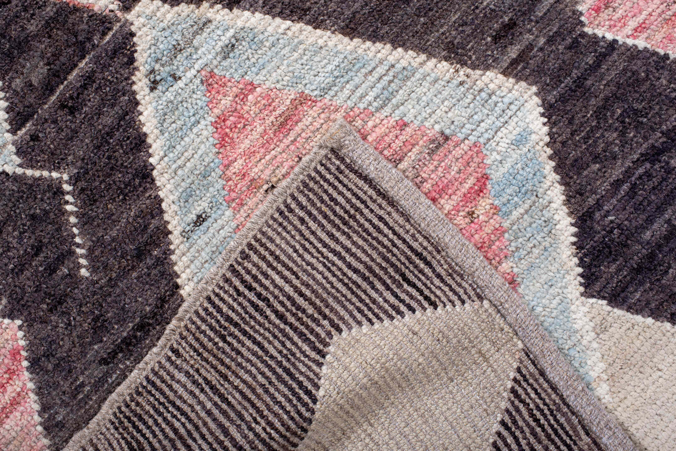6' x 8' one-of-a-kind handmade vintage Tulu medium size rug. Color palette: brown, ivory, blush, pale_blue, taupe, pink
