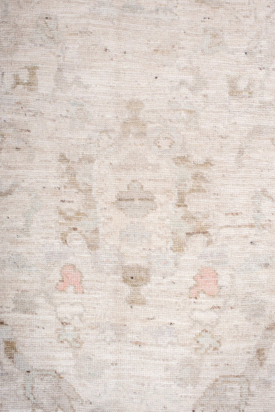 8' x 10' one-of-a-kind handmade vintage Oushak large size rug. Color palette: ivory, cream, taupe, blush, beige, pale gold