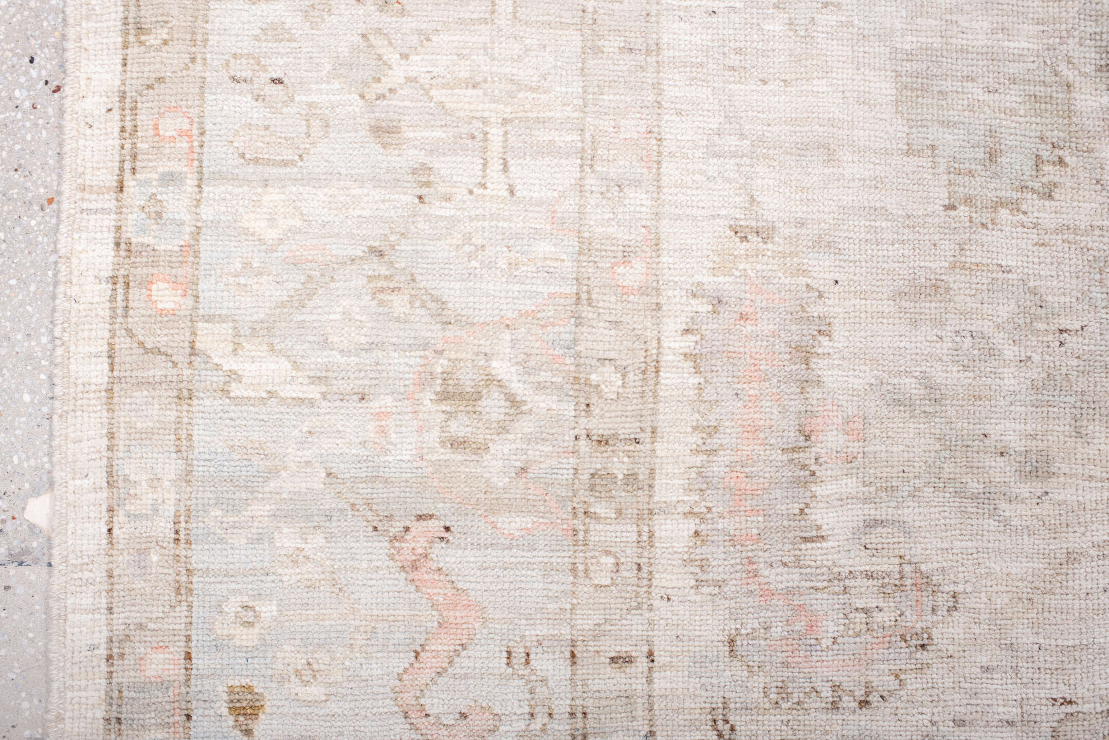 8' x 10' one-of-a-kind handmade vintage Oushak large size rug. Color palette: ivory, cream, taupe, blush, beige, pale gold